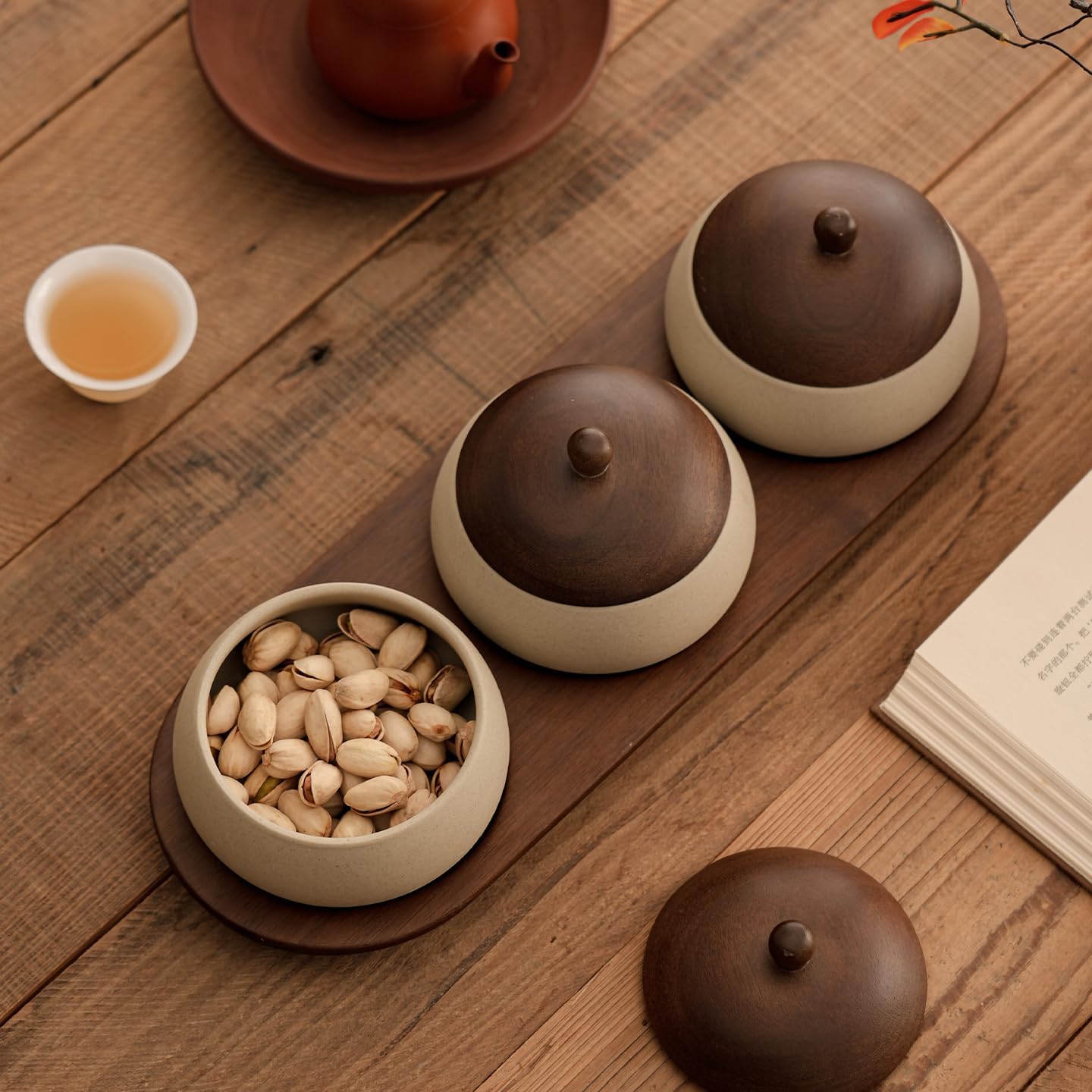 3-Pack Ceramic Snack Bowls with Wood Lid and Tray