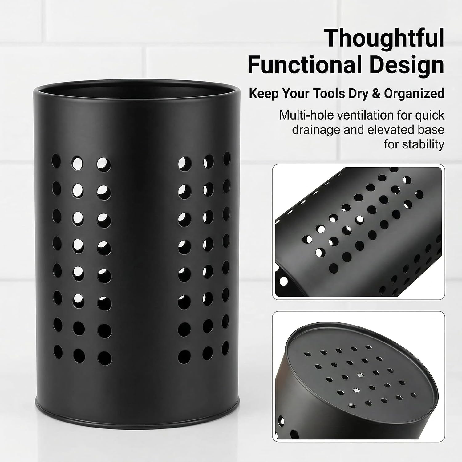 Black Stainless Steel Kitchen Utensil Holder, Countertop Organizer with Multi-Hole Ventilation, Farmhouse Style, 4.72 x 7.08 Inch