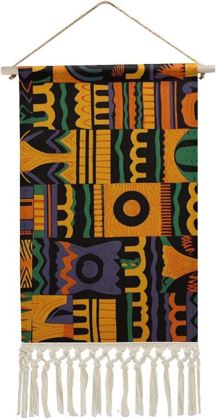 African Ethnic Pattern Wall Tapestry Boho Vertical Tapestry Wall Hanging Large Tapestries Aesthetic with Tassel Wall Decor Long Tapestries for Bedroom Living Room Dorm Home Decoration 19.6x10 Inch