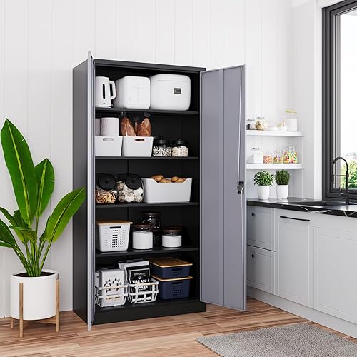 Miniatura 7 de Yizosh Armario de almacenamiento de metal para garaje con cerradura, gabinete de herramientas de bloqueo de 71 pulgadas con 2 puertas y 5 estantes,