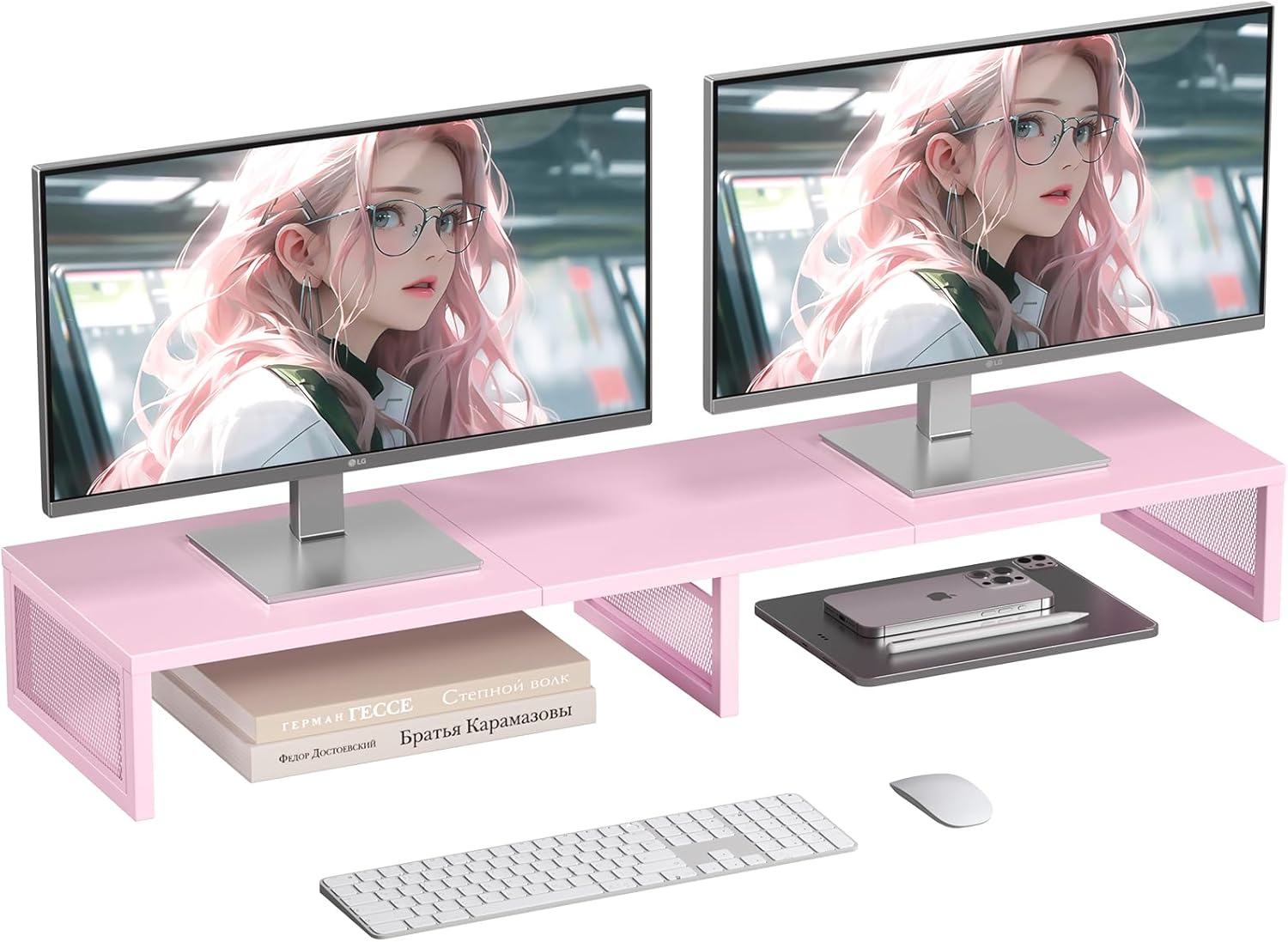 Dual Computer Monitor Stand Riser, Desk Organizers and Accessories, Printer & TV Stand, Desk Shelf, Office Desk Accessories & Desktop Workspace Organizer for Office Supplies, Pink