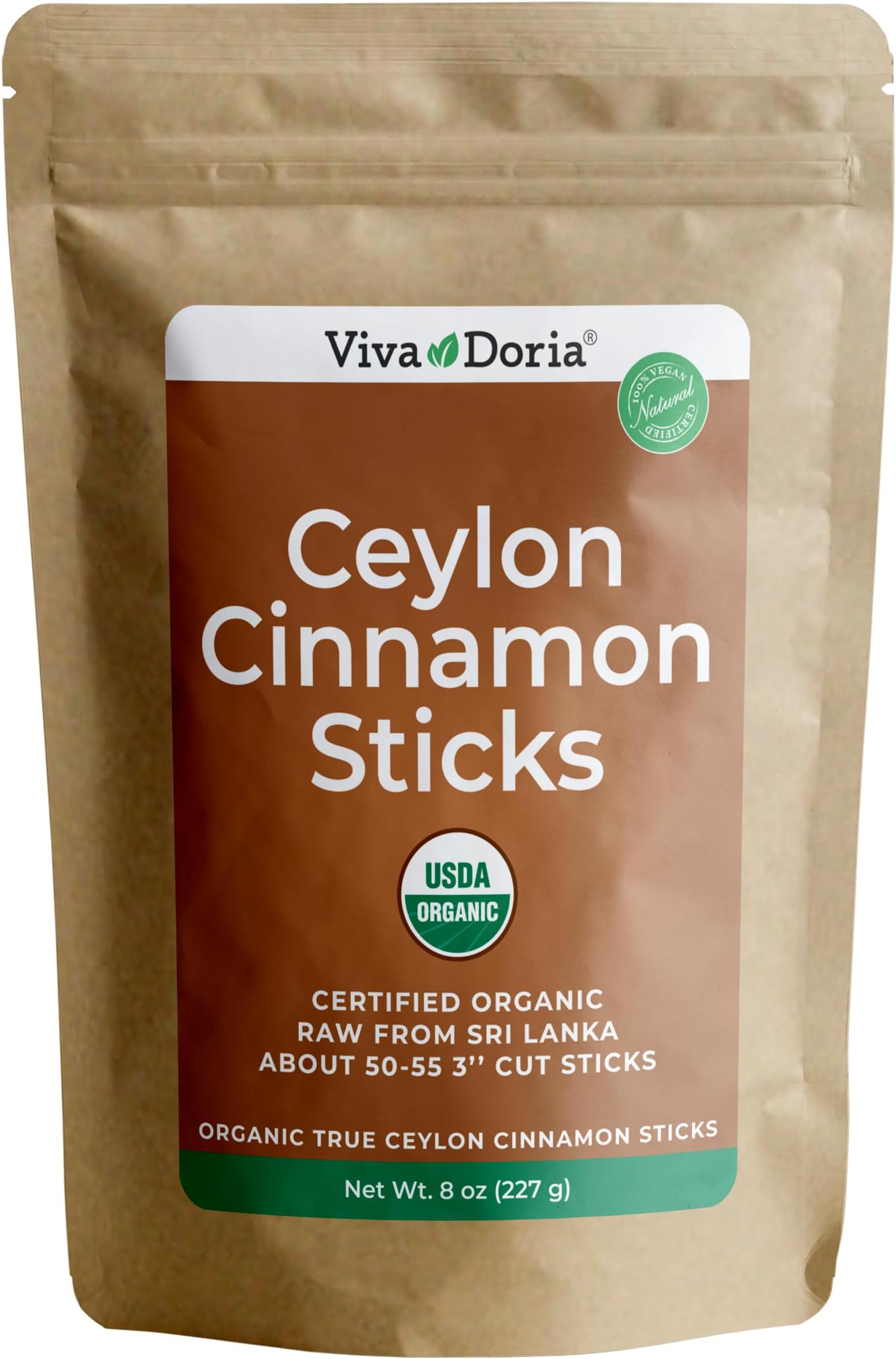 Viva Doria Organic Ceylon Cinnamon Sticks, 3'' Cut, Cinnamomum Zeylanicum, True Cinnamon, 8 Oz, | 50-55 Sticks | 100% Raw From Sri Lanka