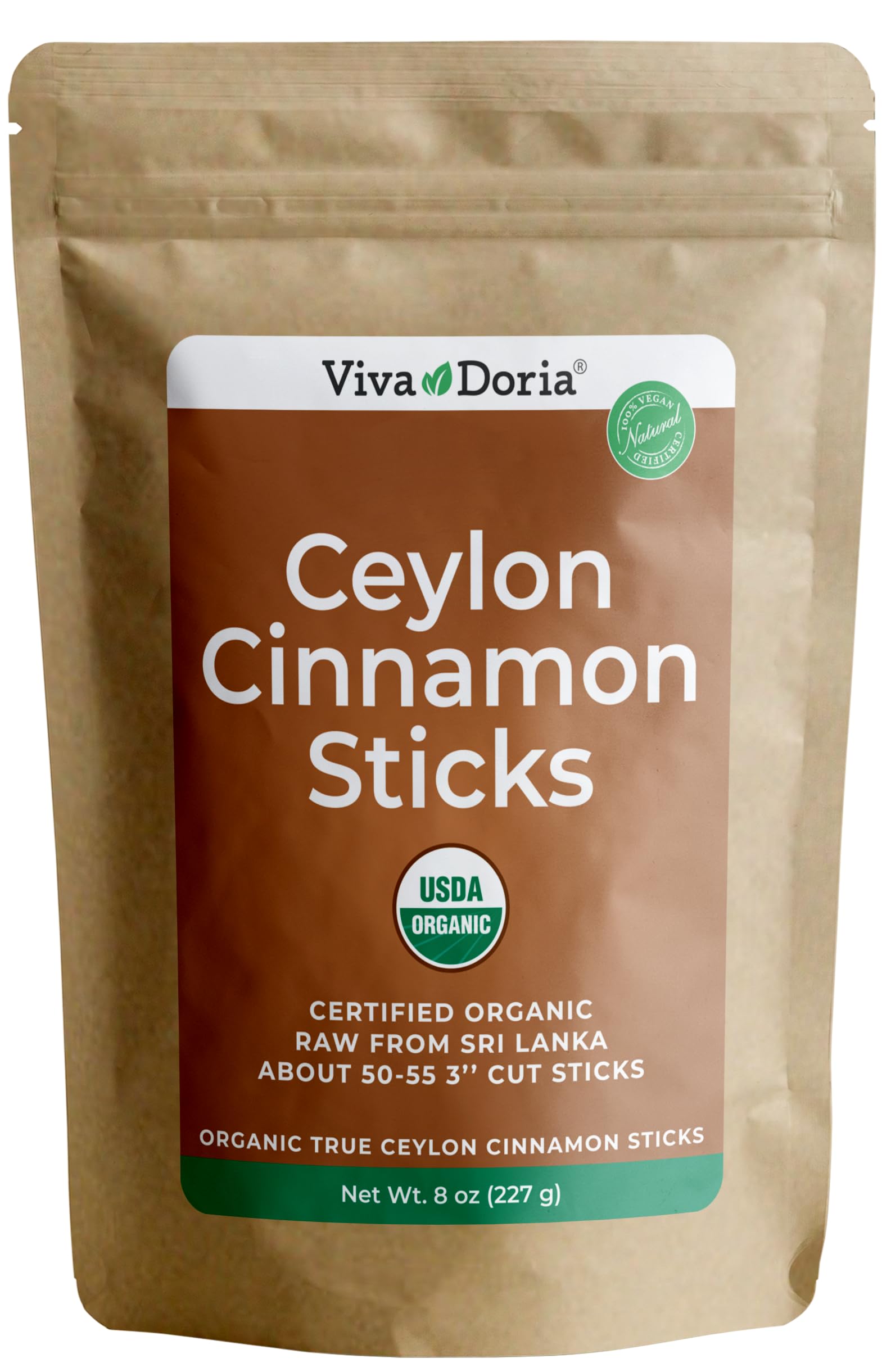 Viva Doria Organic Ceylon Cinnamon Sticks, 5'' Cut, Alba Grade, 8 Oz (35-40 Sticks)