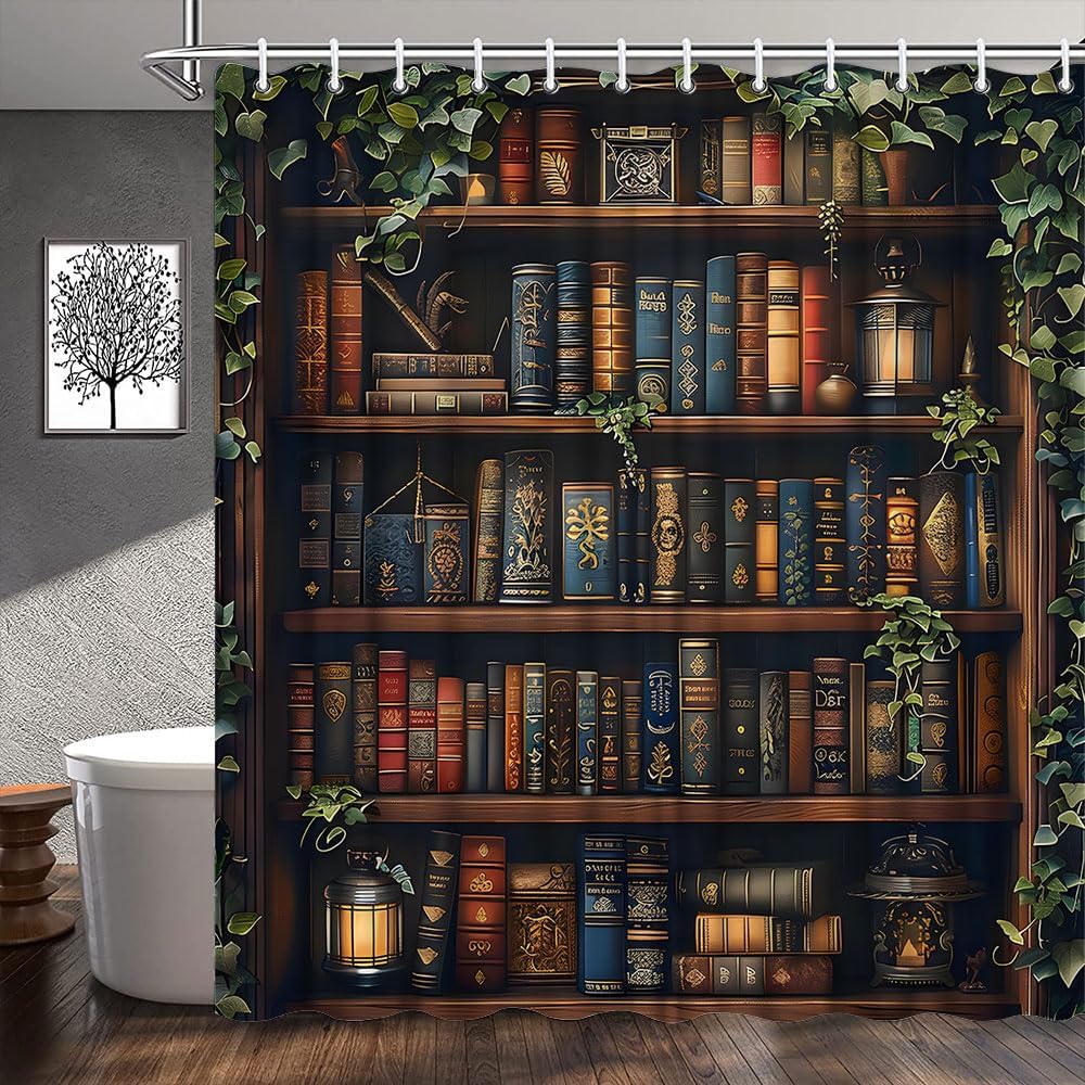 Library Shower Curtain Vintage Bookshelf Books Retro Old Bookcase Magic Bookrack Education Reading House Green Leaves Wooden Board Bathroom Decor Polyester Fabric Curtains with Hook 90Wx70H Inches