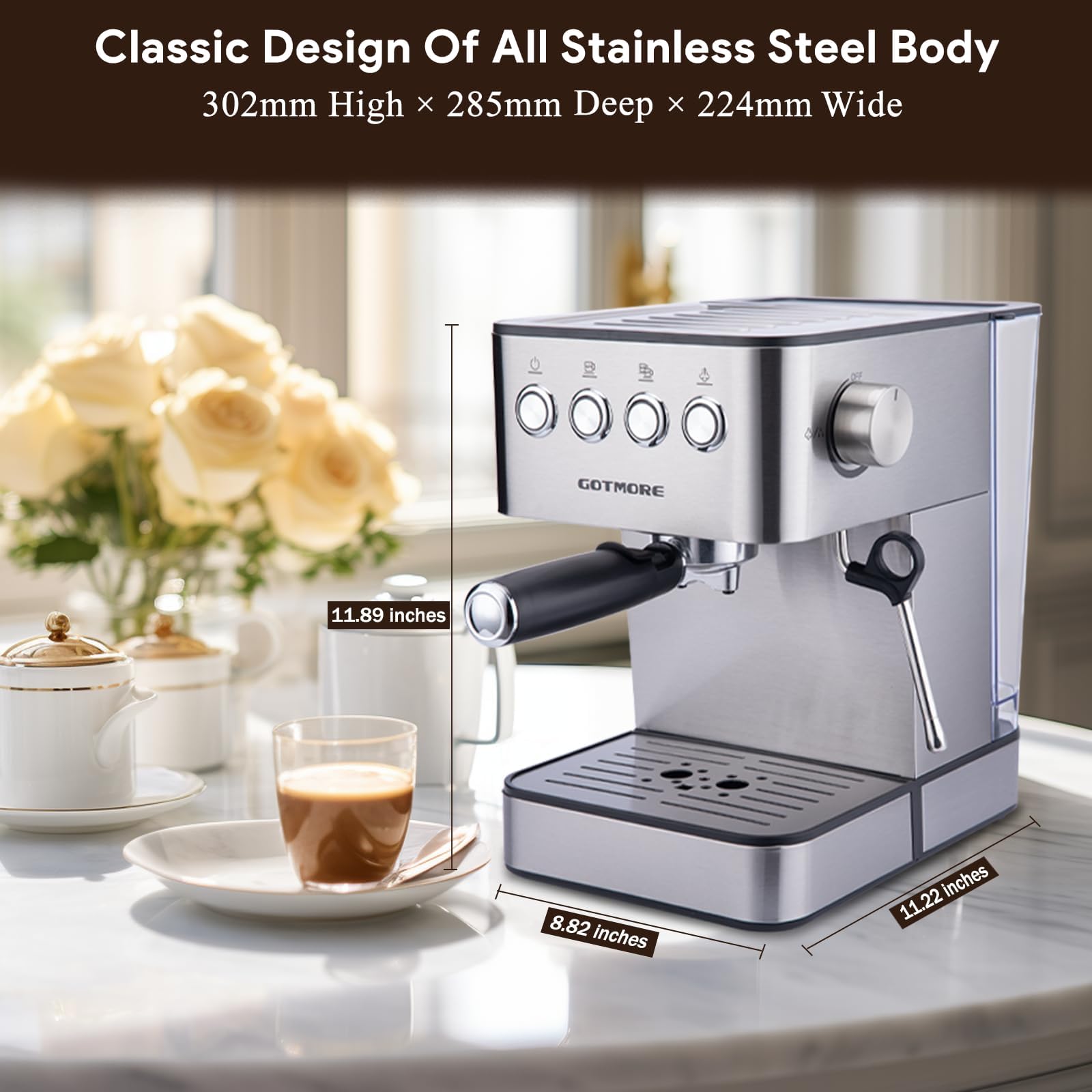 Máquinas de café espresso, máquina de espresso de acero inoxidable con espumador de leche y varita de vapor para café con leche, capuchino, cafetera espresso de 15 bar para el hogar con tanque