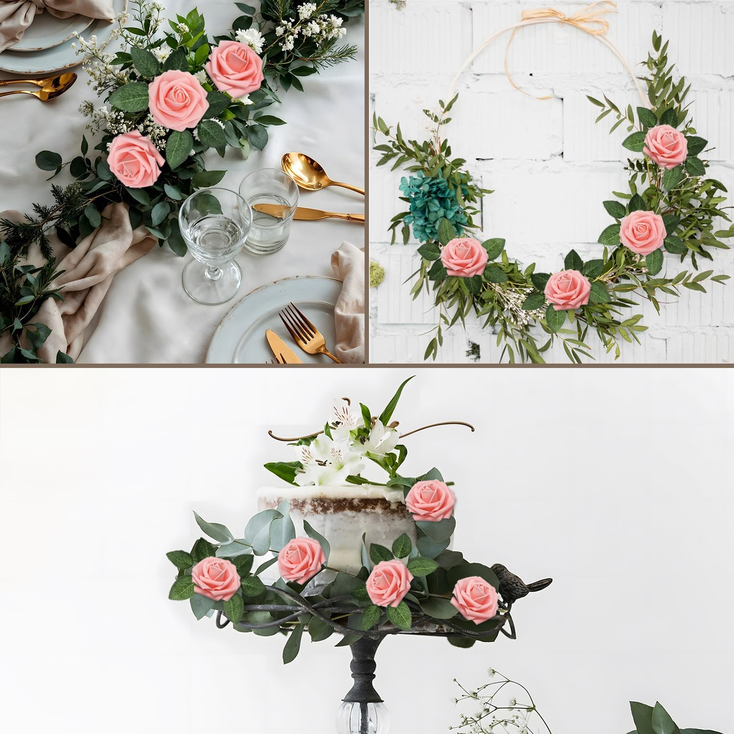 50PCS Pink Artificial Flowers Real Looking Foam Fake Roses, Rose Artificial Wedding Flowers Combo for Wedding Bouquets Centerpieces Flower Arrangements Decorations (Pink, 50)