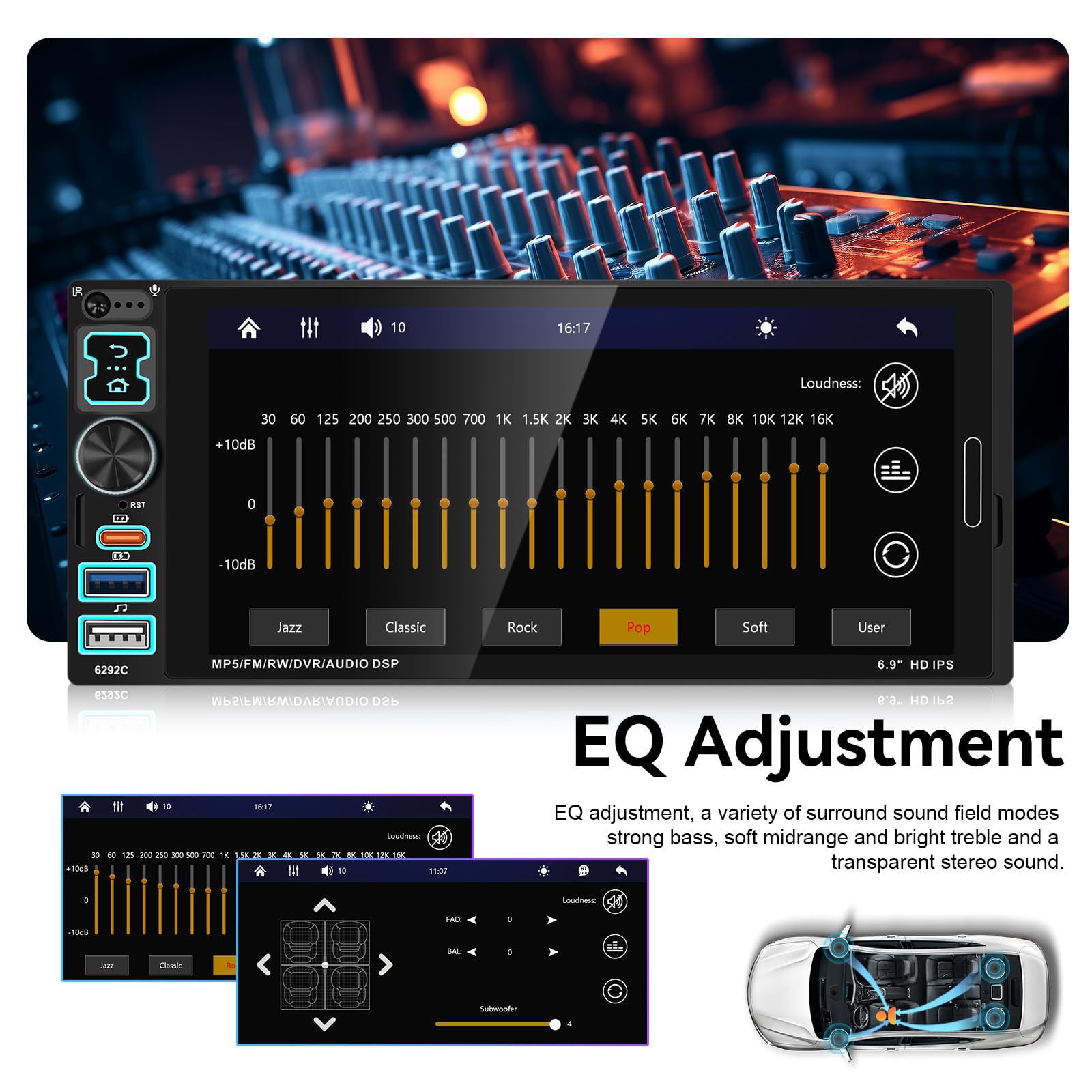 Autoradio 1 DIN Carplay Android Auto, Ecran Tactile 6.9 Pouces 1 Din Poste Radio Voiture Bluetooth Mains Libres, FM, Caméra de Recul, Microphone, USB/AUX/TF/EQ/DVR