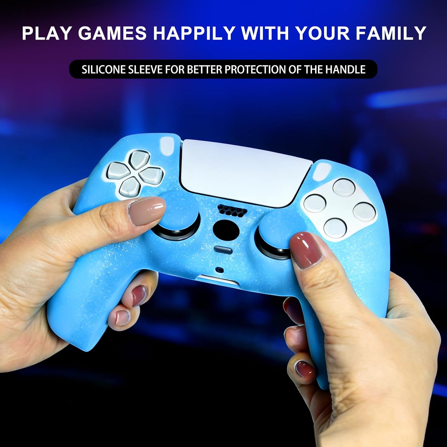 Blue Glitter Anti-Slip Protective Silicone Cover Skin Grips Compatible with PS5/Slim/Pro Controller,8 PCS Glitter Thumb Grips Caps and 2 Grips Caps. (Glitter Blue)