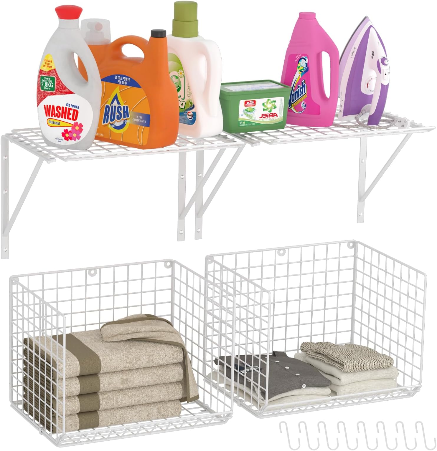 2 Pack Laundry Room Shelves Wall Mounted with Wire Baskets, Over the Washer and Dryer Shelf with Clothes Drying Rack, 8 Hooks，Wire Shelves Baskets for Laundry Closet Organization and Storage, White
