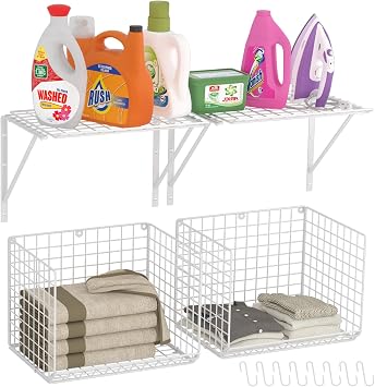 2 Pack Laundry Room Shelves Wall Mounted with Wire Baskets, Over the Washer and Dryer Shelf with Clothes Drying Rack, 8 Hooks,Wire Shelves Baskets for Laundry Closet Organization and Storage, White