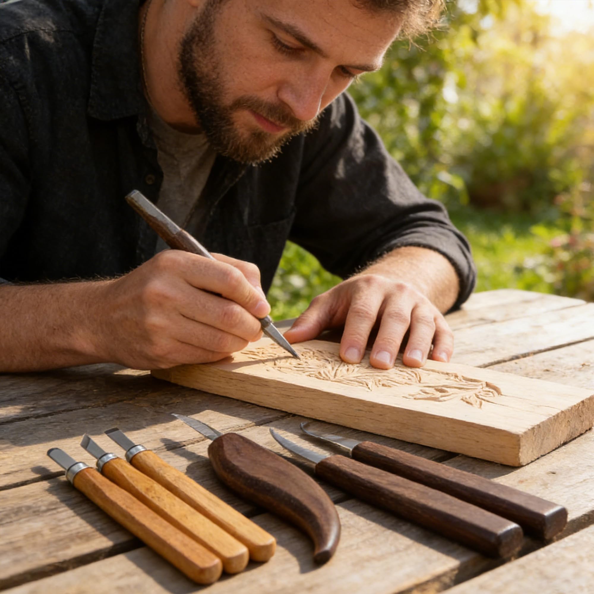 Wood Carving Tools Pack, 10PCS Outils Sculpture Sur Bois, Kit d'Outils de Sculpture Sur Bois 10 en 1, avec 6 Couteaux de Sculpture, gants Résistants Aux Coupures, pour Débutants/Professionnels
