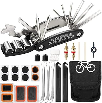 Bike Repair Kit, 16-in-1 Bike Multi Tool with Tyre Levers & Pre-Glued Patches, Portable Bicycle Puncture Tire Repair Tool Kit for Mountain Bikes, Road Bikes & Commuter