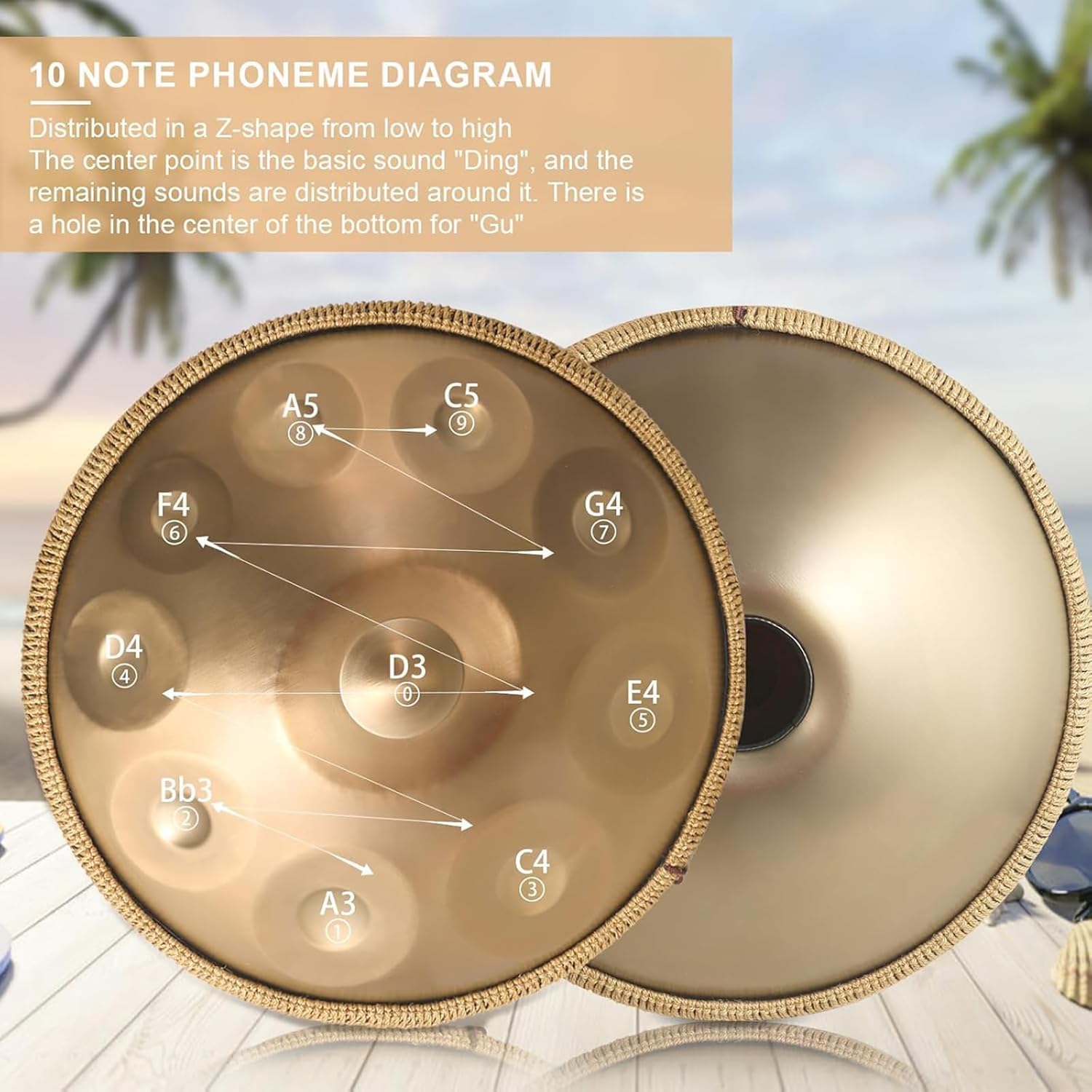 Tamburo a mano da 55,9 cm, 10 note in re minore, professionale, in acciaio, 440 Hz, percussione armonica per la guarigione del suono, yoga, meditazione
