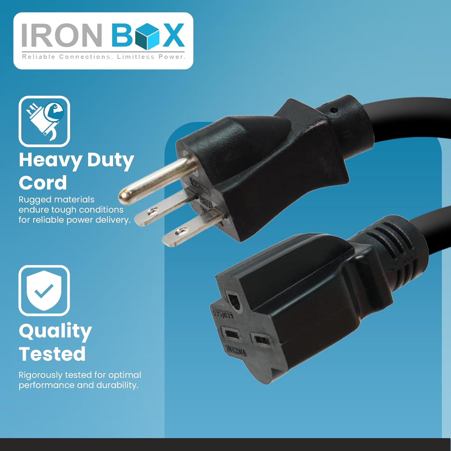 IronBox Electric - NEMA 6-15 Adapter Extension Power Cord - Rated for 15A/250V - 14 AWG Jacket - Heavy Duty Extension Cable - Weatherproof Design - Ideal for Indoor and Outdoor Use (10 feet, Molded)