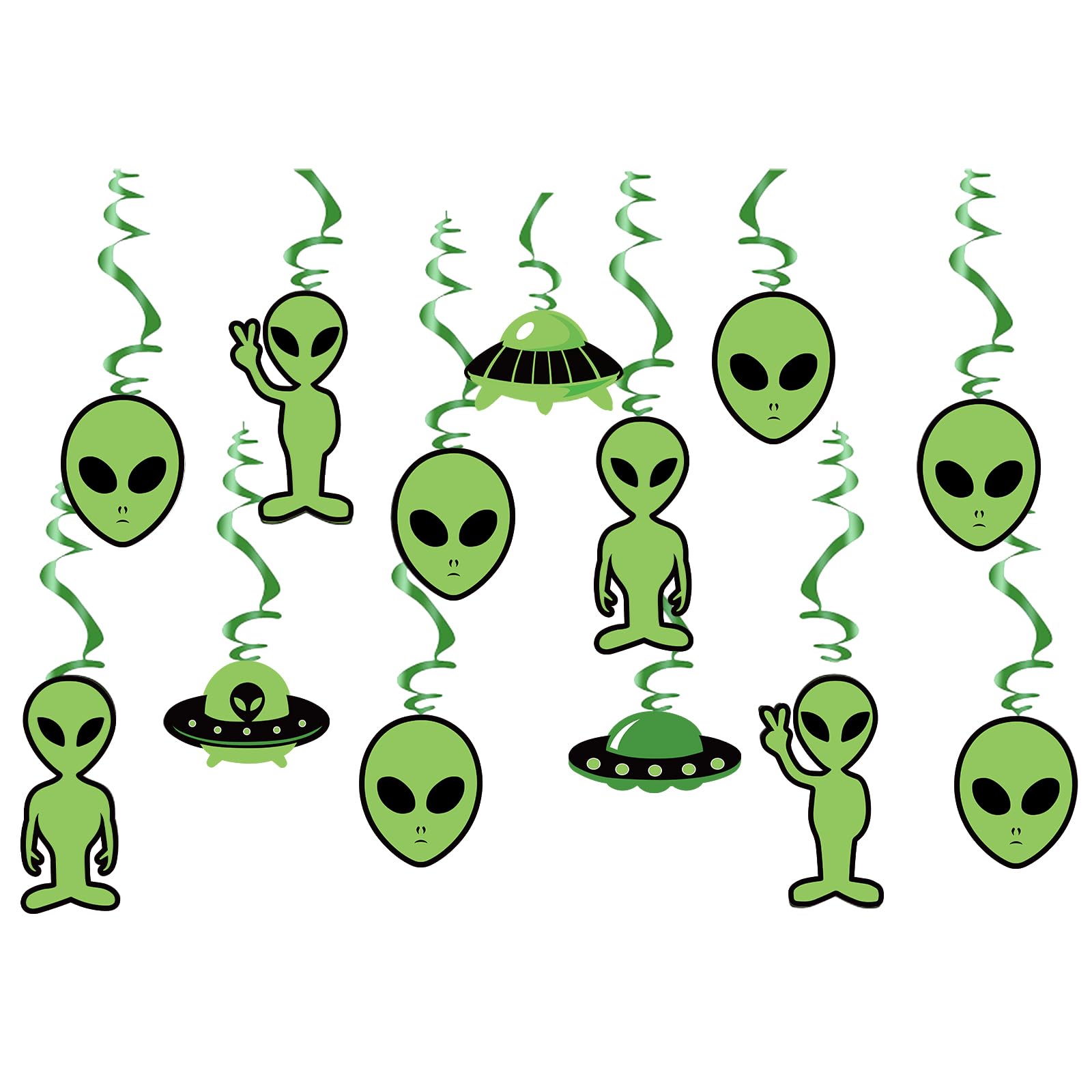 Whaline 13Pcs Alien Theme Hanging Swirl Decorations Green UFO Theme Swirls & Cutouts Alien Invasion Ceiling Whirl Steamer Hanging Cut-Outs Decor for Birthday Baby Shower Party Supplies