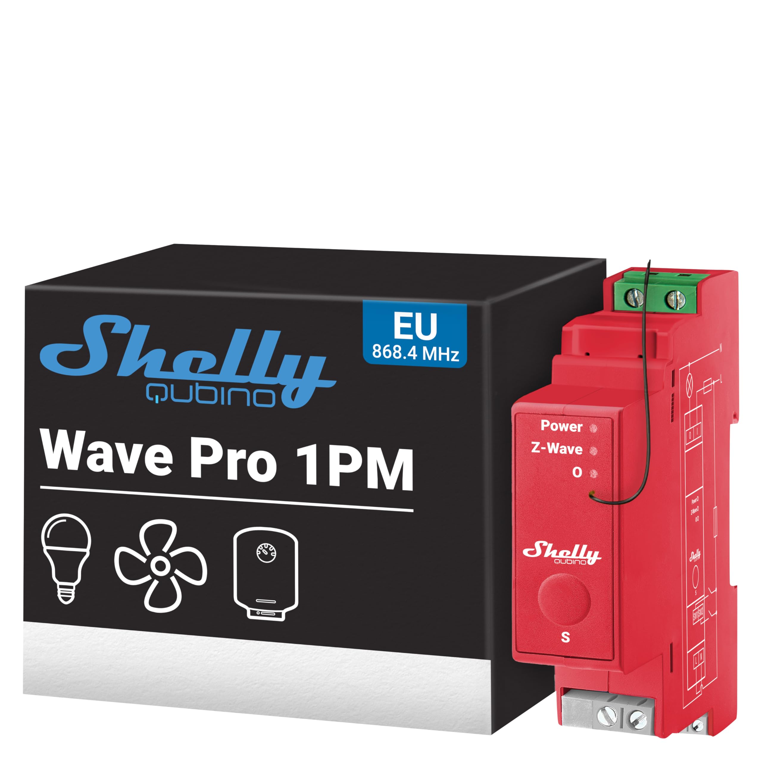 Shelly Shelly Qubino Wave Pro 1PM - Interrupteur connecté Z-Wave, 1 canal - 16 A, Compteur consommation électrique intégré, Montage sur rail DIN, Éclairage conntecté, Passerelle Z-Wave requise