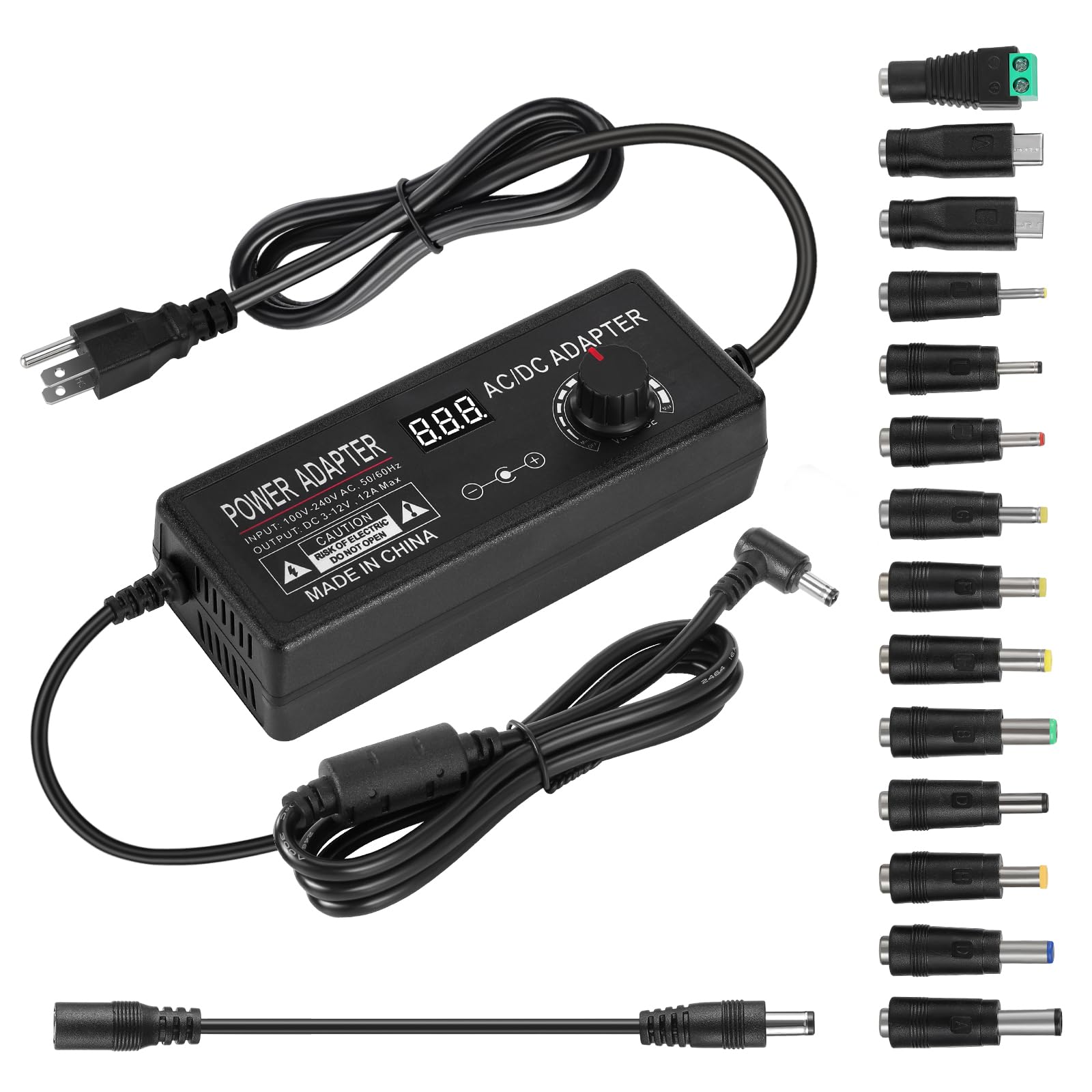 Fuente de alimentación universal de 3 V ~ 12 V 12 A 144 W ajustable variable 3 V 5 V 6 V 9 V 12 V, convertidor de CA a CC de 100 V-240 V con 14 puntas, convertidor de polaridad