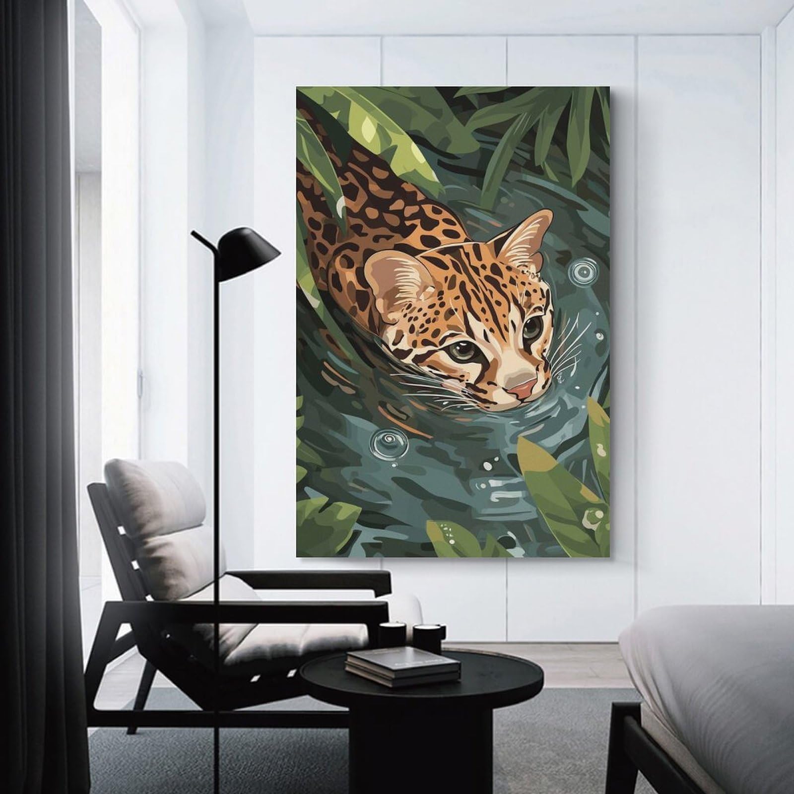 Junmoney Ocelot Swimming in Water Hanging Wall Art 12x18inch(30x45cm), for Front Hall, Corridor Or Welcome Spaces, Wall Decor to Refresh Empty Corners
