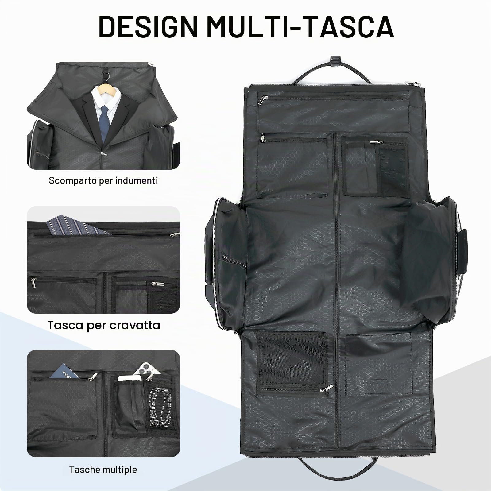 Borsa Porta Abiti da Viaggio con Ruote e Maniglia 55L Convertibile 3 in 1 Trolley Borsone da viaggio Uomo Donna con Scomparto Scarpe per Viaggi D'affari e Matrimoni, Nero