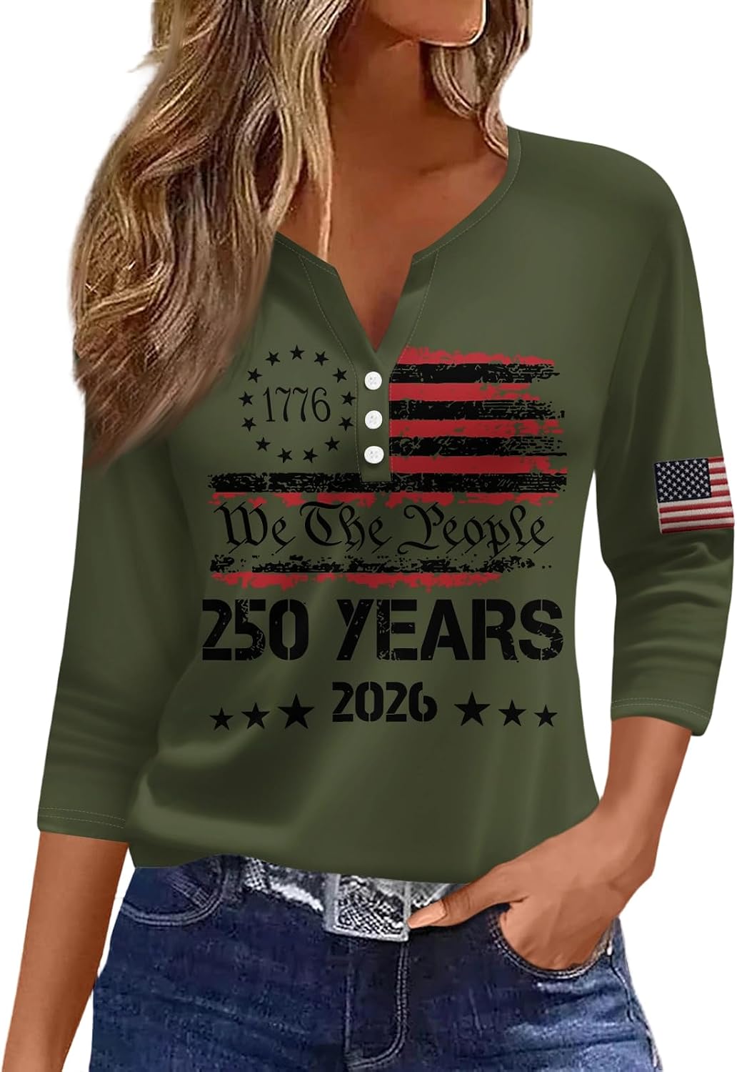 Women's 4Th of July Shirt, 3/4 Sleeve American Flag T-Shirts, Button V Neck Patriotic Tops, S-3XL
