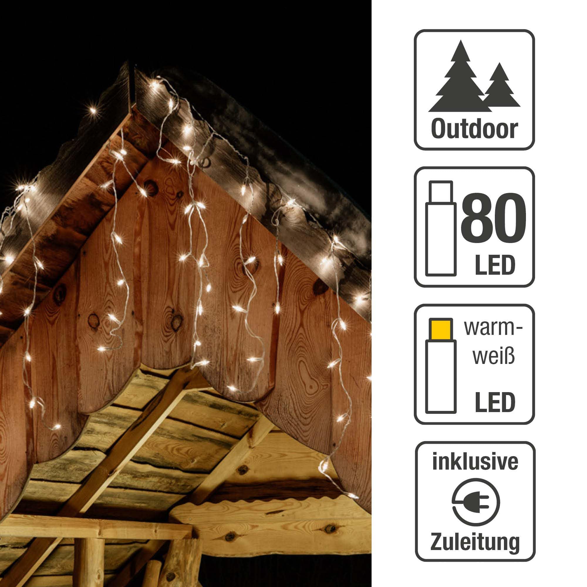 hellum LED Lichterkette Vorhang Außen, verlängerbar Lichtervorhang mit Steckdose, Verlängerung-Set mit 3m Netzkabel, 1,9 * 0,6m 80 LEDs, Kabel weiß Weihnachtsbeleuchtung für Garten, Party 555332