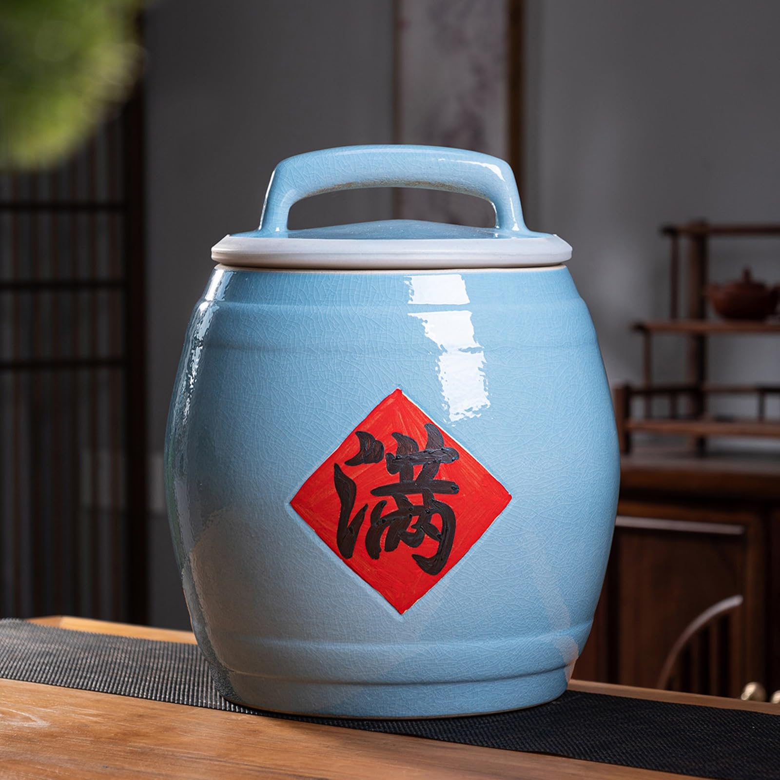 Secchio per Riso in Ceramica con Coperchio,Riso Sigillato di Capacità per Uso Domestico,Contenitore per Cereali e Riso,Design a Bocca Larga,per Farina Zucchero Cereali(15kg)