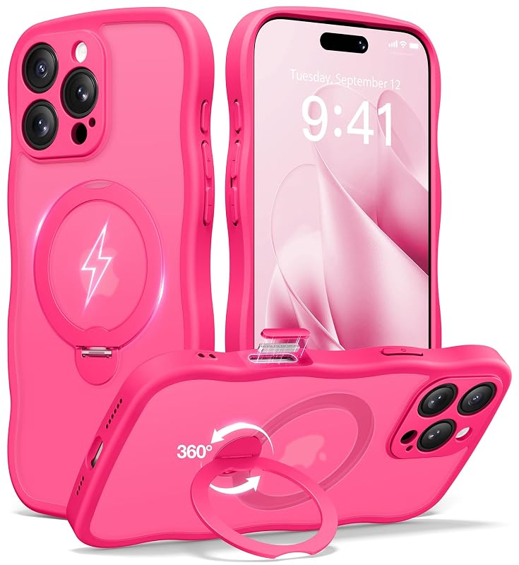 Capa para iPhone 16 Pro Max com suporte magnético giratório 360°, botão de controle da câmera e compatibilidade com MagSafe Hot Pink