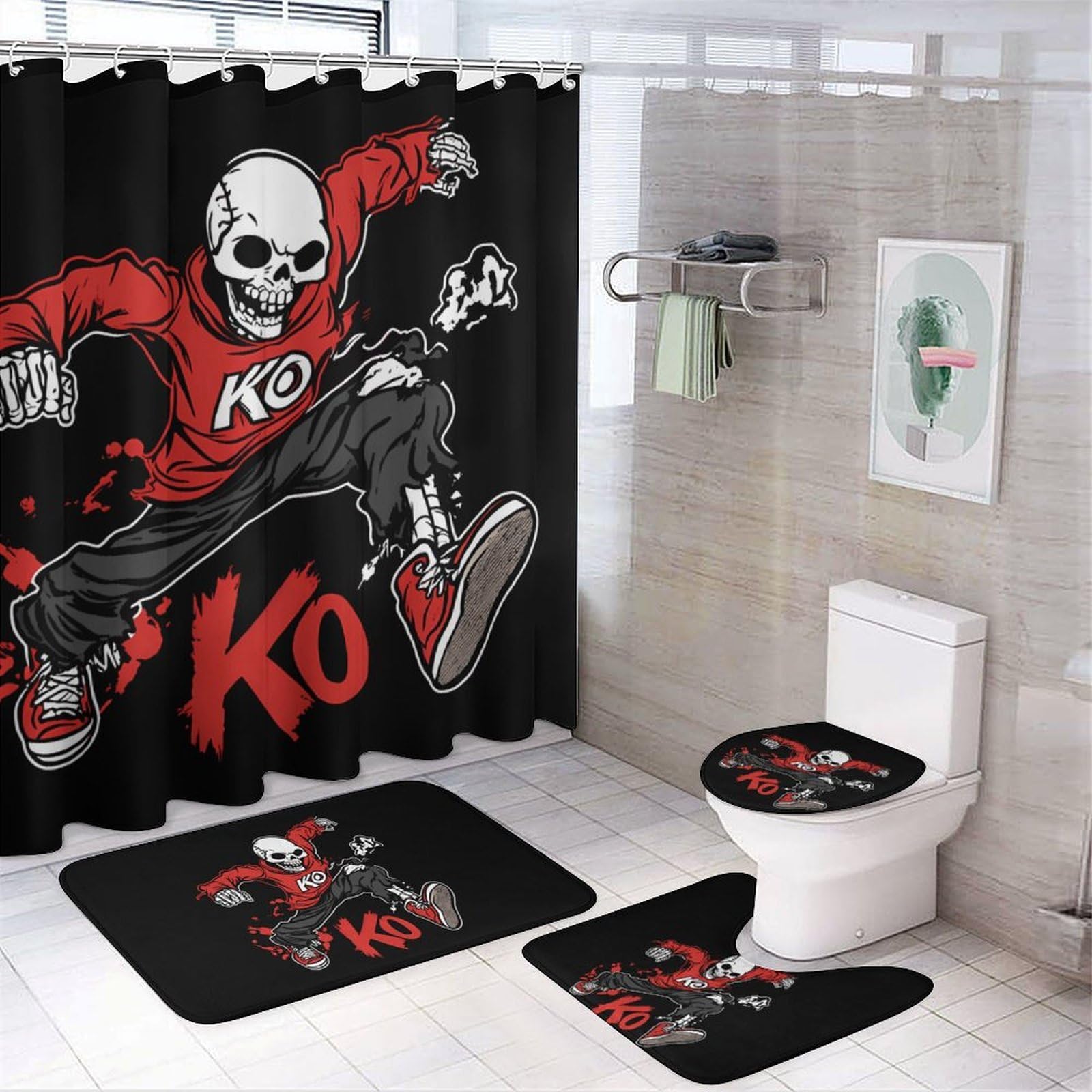 CGSBNGHA Kung Fu Skull Shower Curtain Set 4 Piece Bathroom Sets with Rugs Toilet Lid Cover And U-Shaped Floor Mat