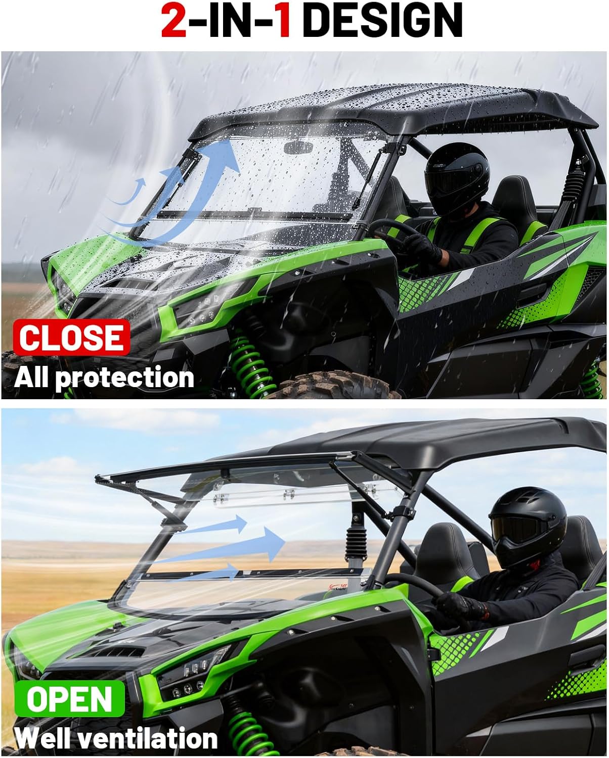 StarknightMT Teryx KRX 1000 Flip Windshield Scratch Resistant 2-in-1 Windshield Compatible with Kawasaki Teryx KRX 1000 2020-2026 Clear PC Window Used with Roof Accessories