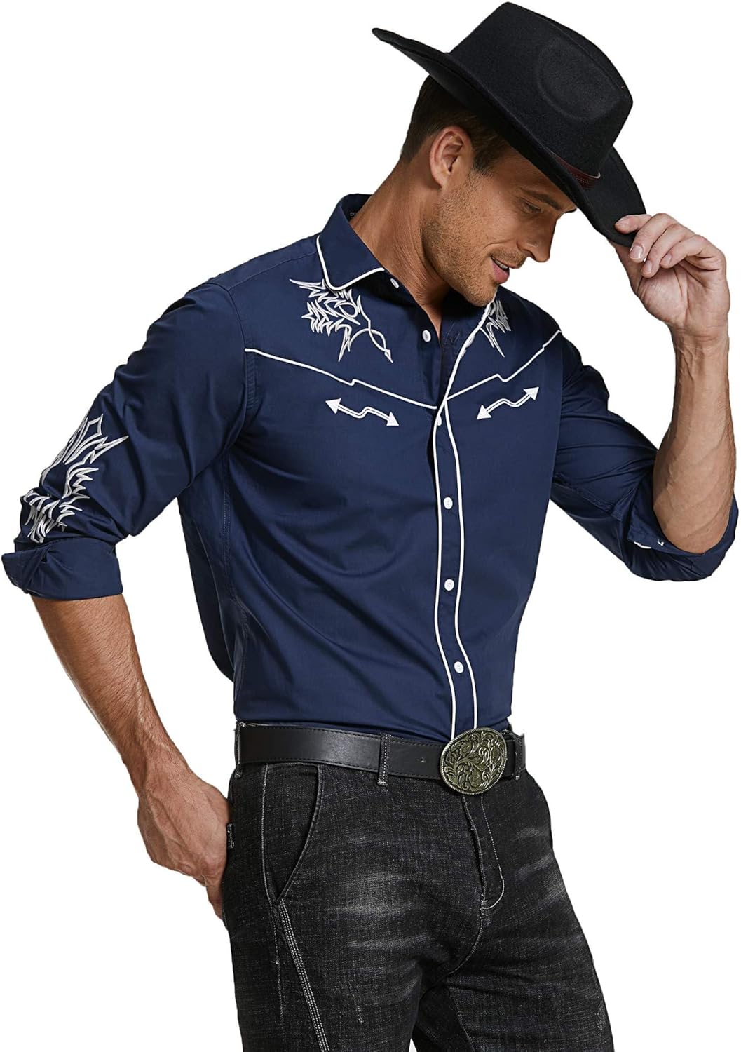 COOFANDY Men's Western Cowboy Shirt Long Sleeve Embroidered Shirt Slim Fit Cotton Casual Button Down Shirt - Image 5