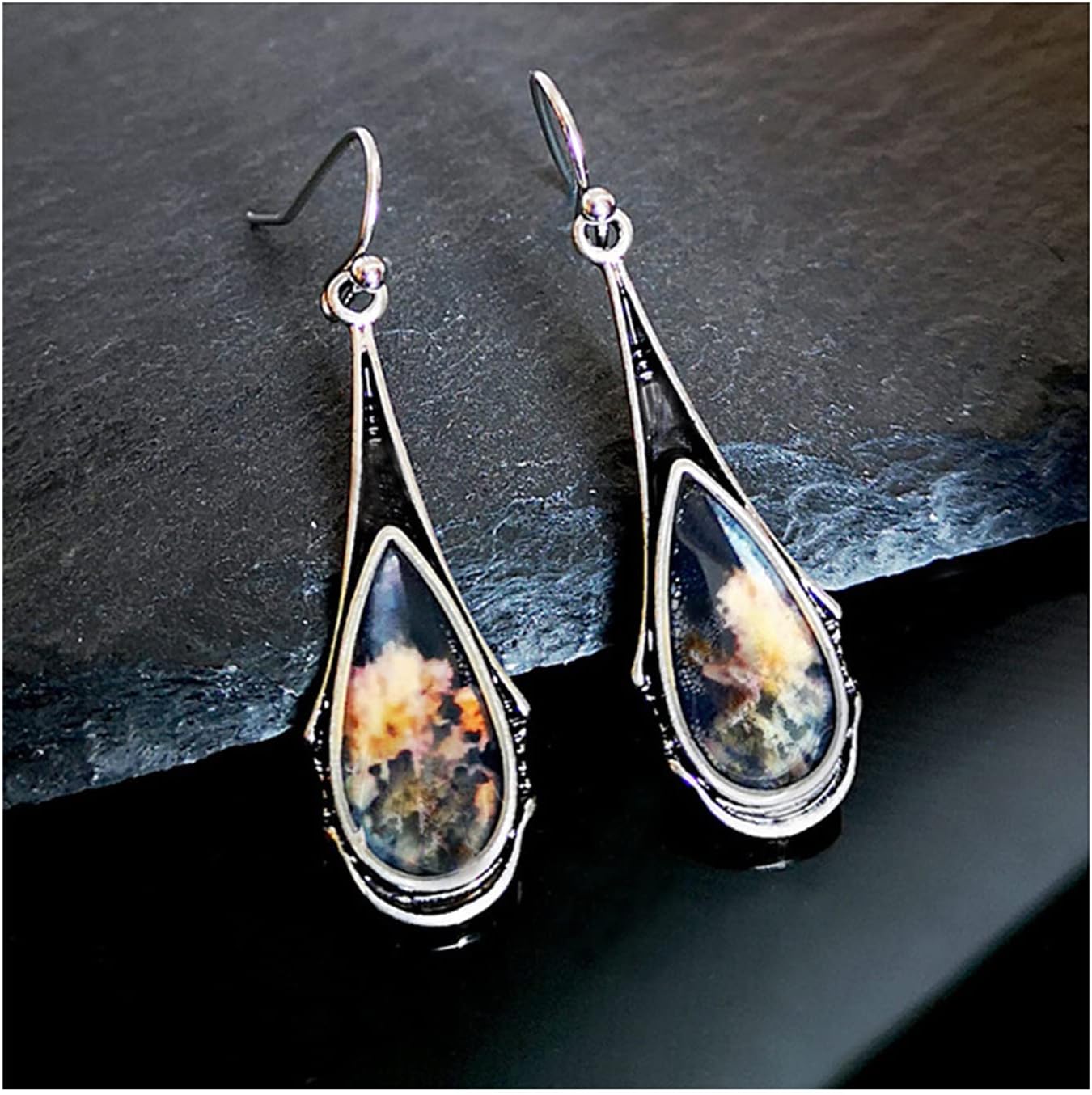 Handmade Vintage Silver Earrings for Women Girls Unique Colorful Bohemian Marble Stone Texture Waterdrop Dangle Drop Statement Earrings Jewelry Gifts - Image 5