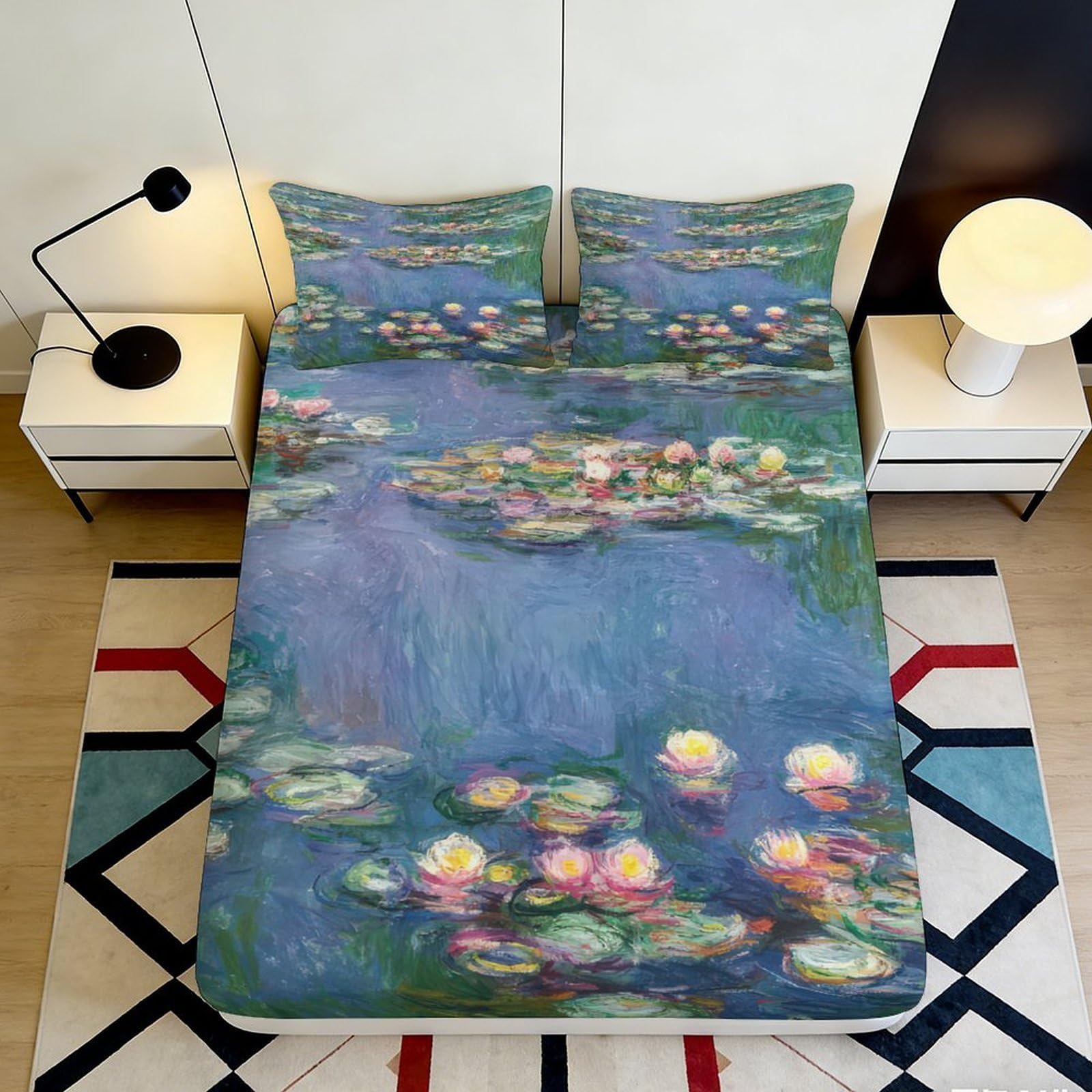 Pnayamiorkfel Style-7 3D Printed Water Lilies Fitted Sheet Microfiber Impressionist Pond Mattress Cover For Bedroom Guest Room Decor 90X200x25cm