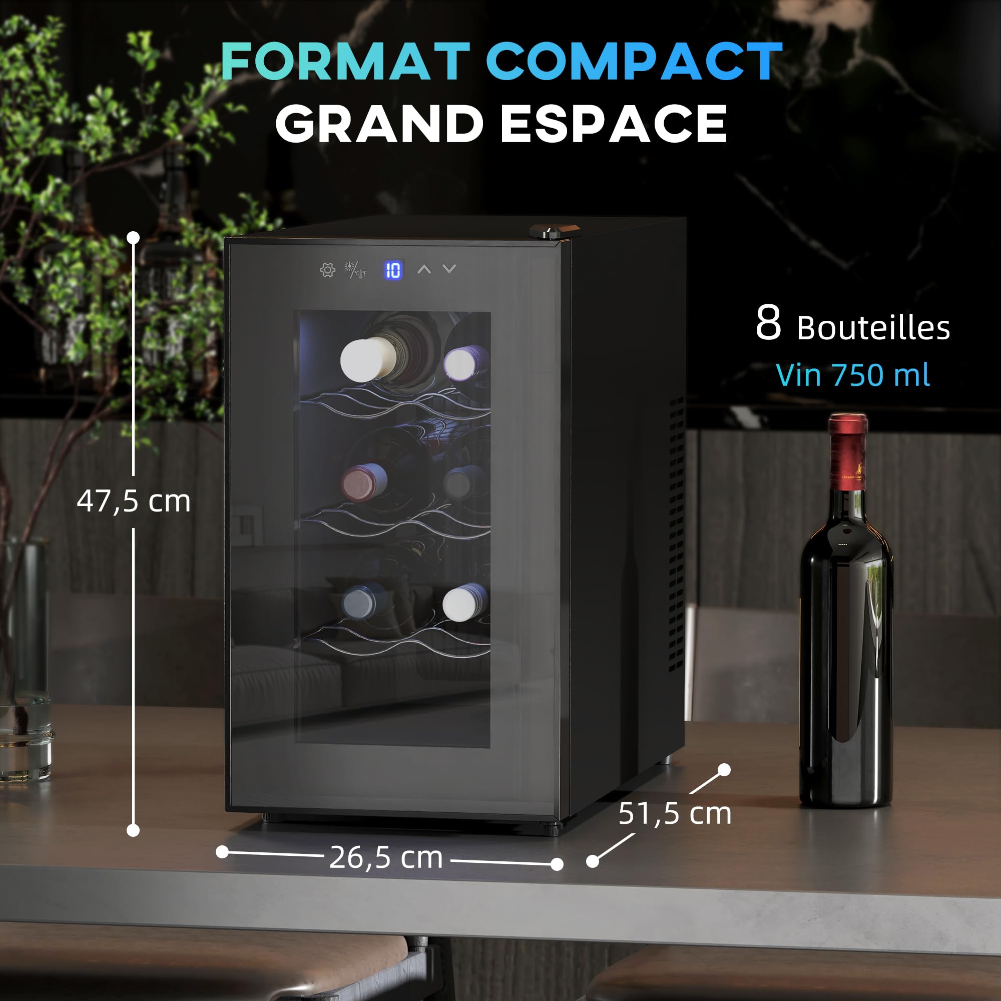 HOMCOM Cave à Vin 8 Bouteilles 21L, Réfrigérateur à Vin avec Température Réglable 8-18°C, Porte en Verre Trempé Anti-UV, Noir