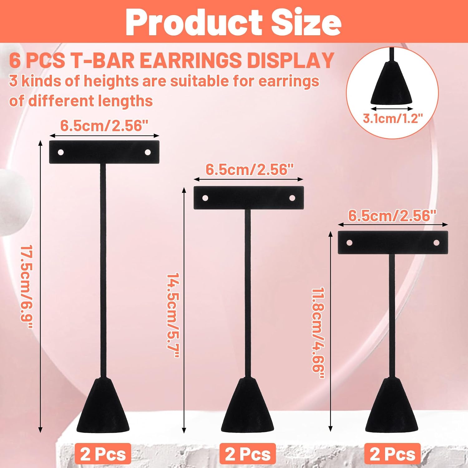 6-Piece Velvet Earring T-Stand Set - 3 Sizes (6.9”, 5.7”, 4.66”) Earrings Holder for Secure Jewelry Display & Organization - Black Earring Display Stands