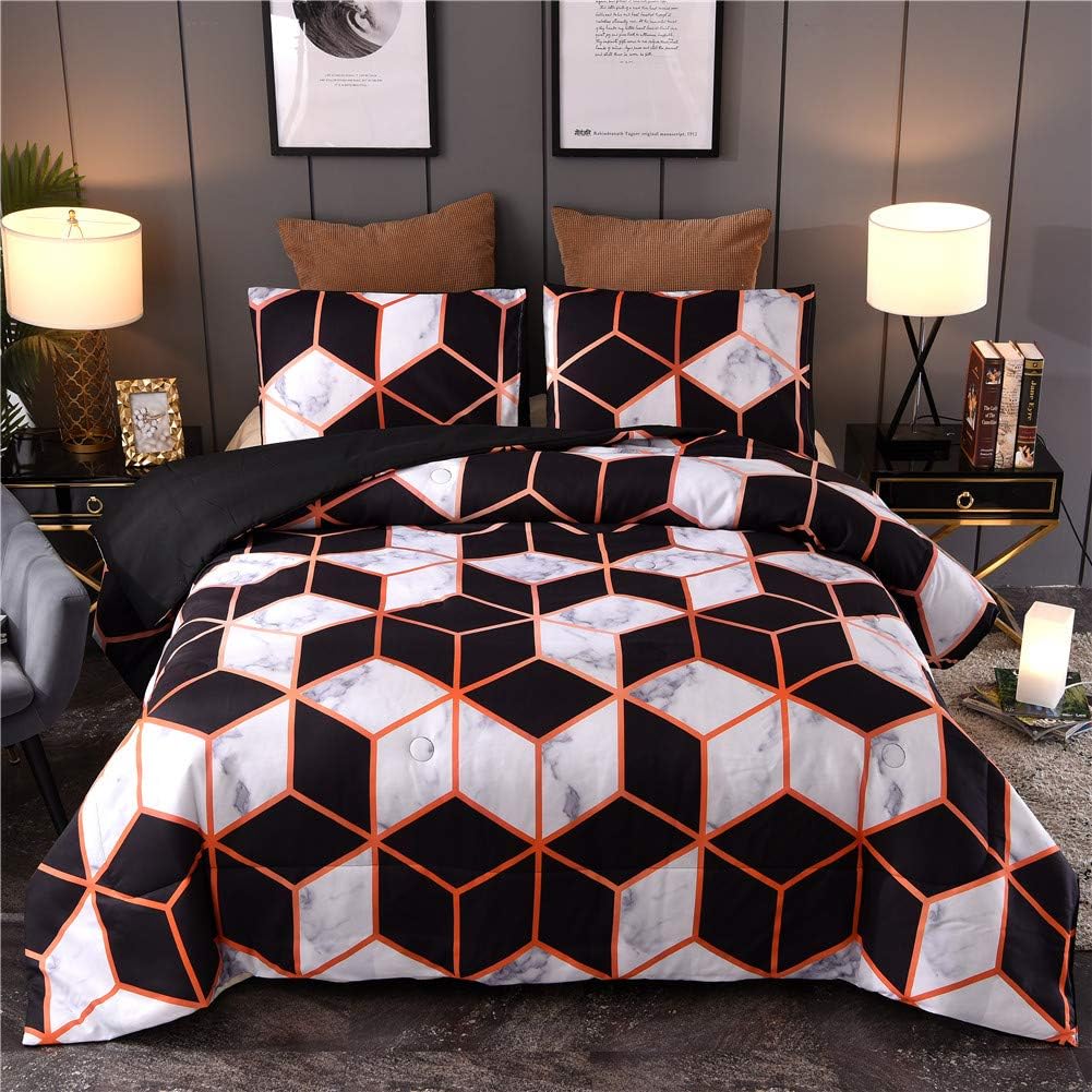 Sisher Marble Comforter Bedding Sets Queen Size, Hexagon Pattern Comforter Set for Men Women, Art Style Orange Black White Quilt Sets with 2 Pillowcases