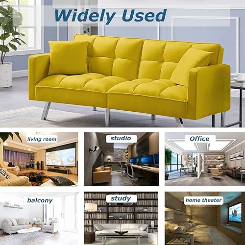 Miniatura 6 de Moderno sofá convertible de terciopelo con 2 almohadas y reposabrazos, sofá cama reclinable convertible tamaño individual para sala de estar