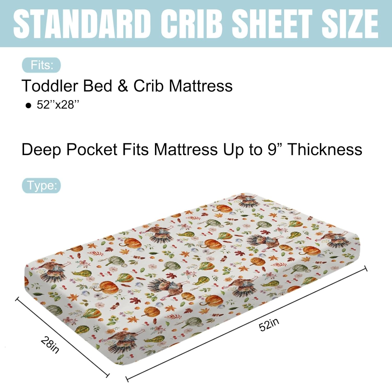 Thanksgiving Turkey Pumpkins Baby Crib Sheet 52''x28'' Retro Fall Pumpkin Boho Floral Leaves Stretchy Fitted Crib Mattress Cover for Boy Girl Autumn Soft Bed Sheet for Standard Crib Toddler Mattress