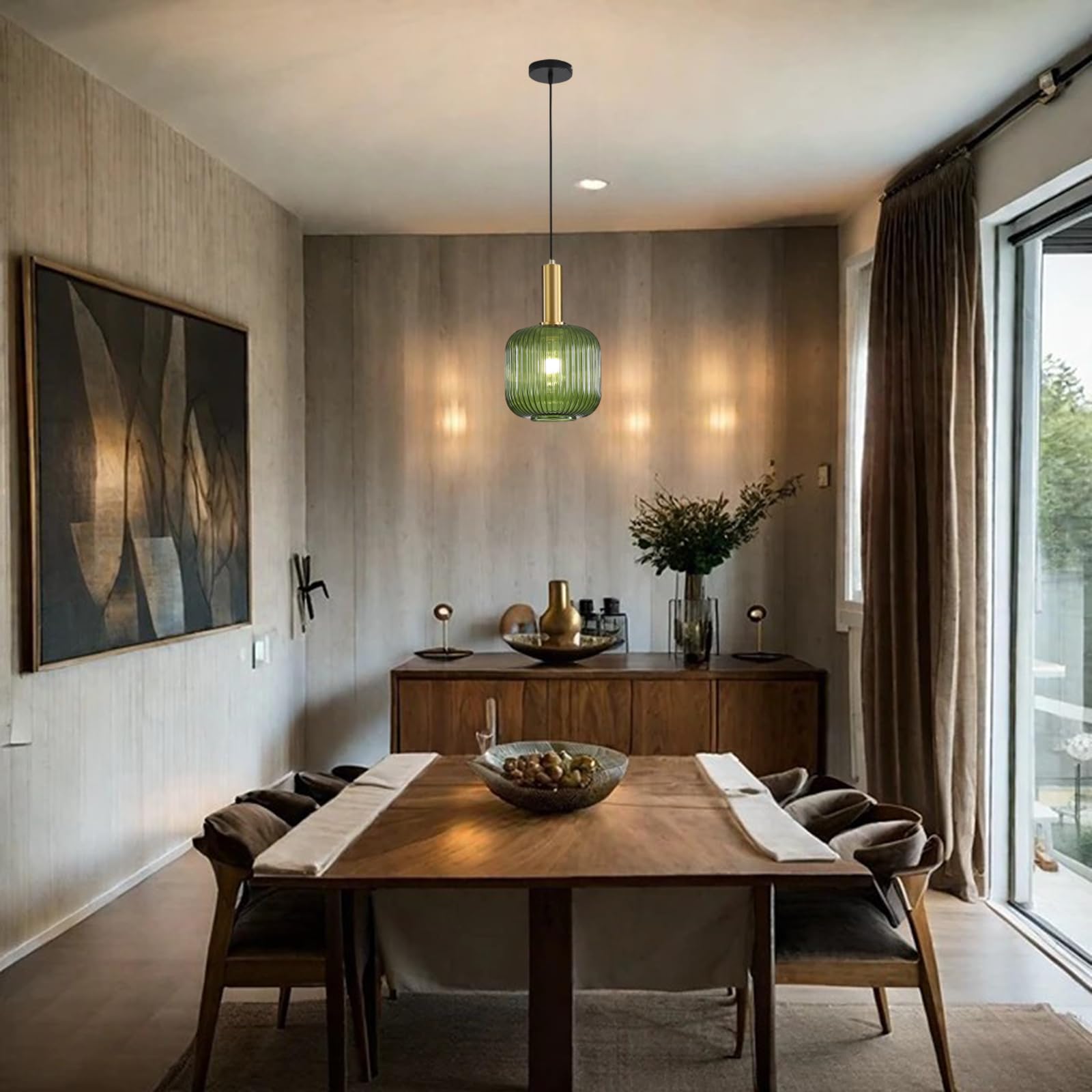 Lampe suspendue moderne, suspension en verre vert avec douille de suspension en cuivre doré