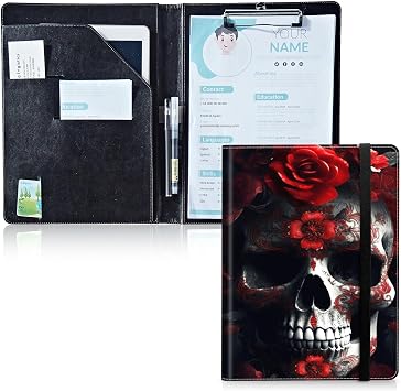 Padfolio Folder with Clipboard,Portfolios Organizer Clipboards with Storage Clipboard Writing Pad PU Leather Conference Document Organizer with Business Card Holder,Red Flower Skull