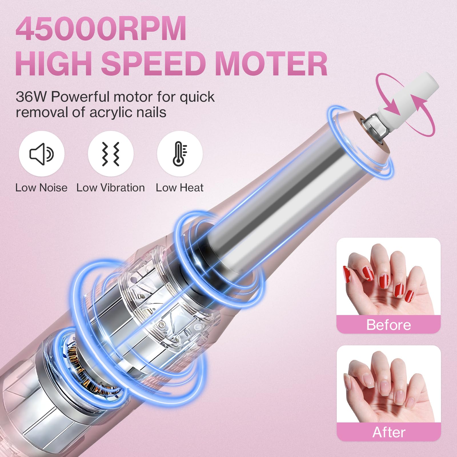 Torno para Uñas,Torno para Uñas Profesional 45000 RPM,12 12 Cabezales de Pulido, Pantalla táctil LCD,Perilla de cristal,Lima portátil para uñas acrílicas y de gel (Rosa claro)