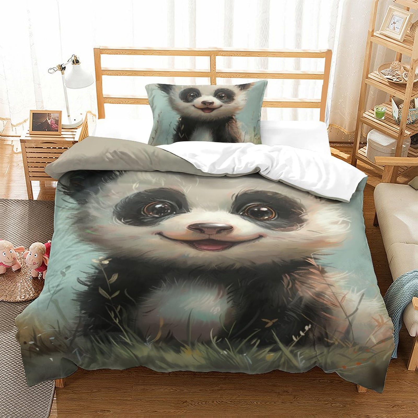 Housse de couette panda 3 pièces en microfibre douce et respirante avec taie d'oreiller