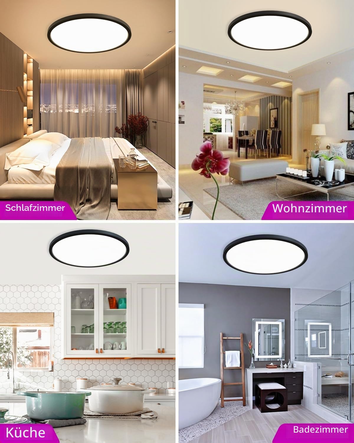 zemty LED Deckenleuchte Dimmbar 49CM, 42W 3360LM RGB Deckenlampe mit Fernbedienung, 3000K-6500K Wasserfest Badezimmer Lampe Decke für Bad Kinderzimmer Schlafzimmer Wohnzimmer Schwarz