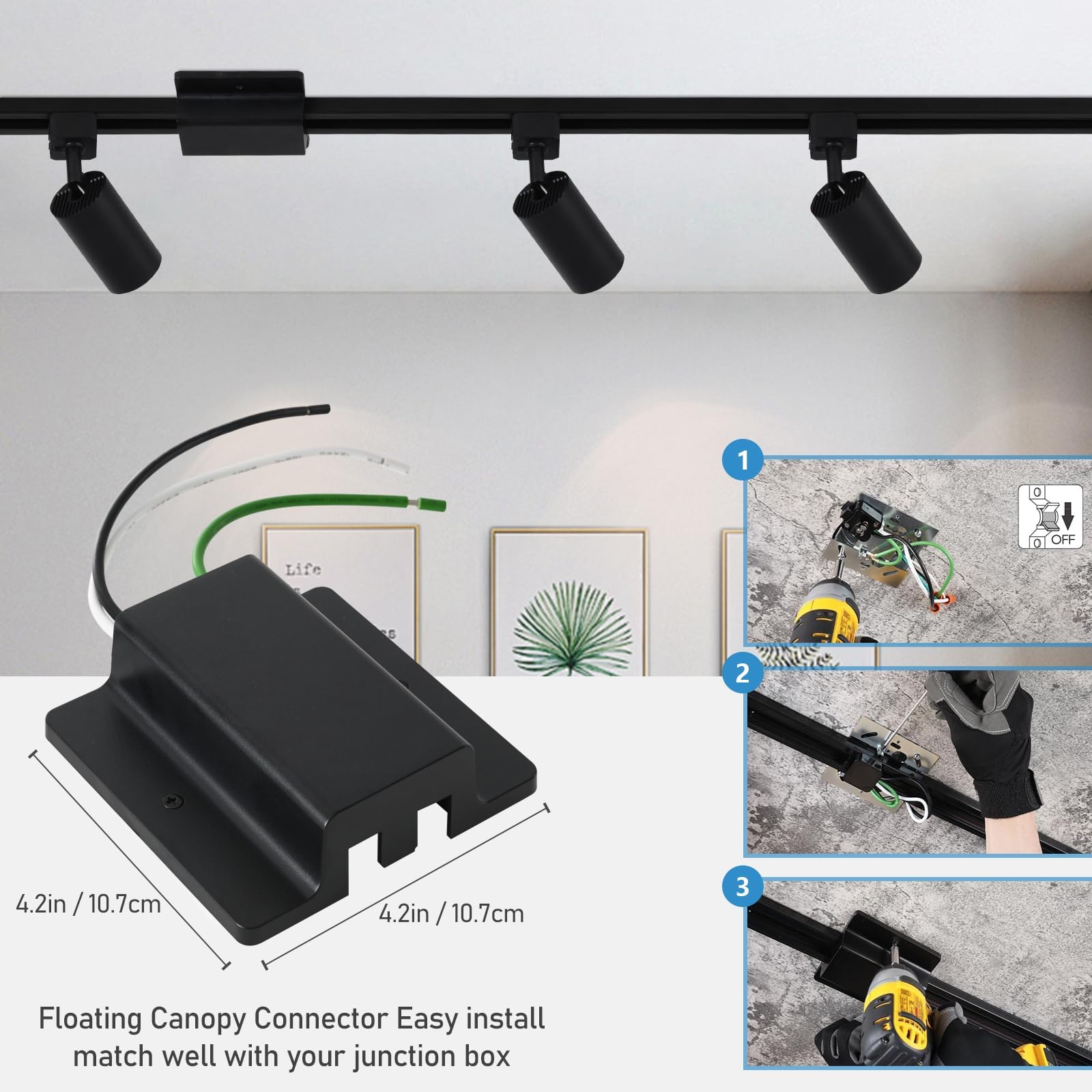Kit di illuminazione a binario a 6 luci a LED con binari da 1,8 m di altezza e connettore a baldacchino galleggiante, kit di luci a binario GU10, faretti da soffitto moderni per cucina, nero