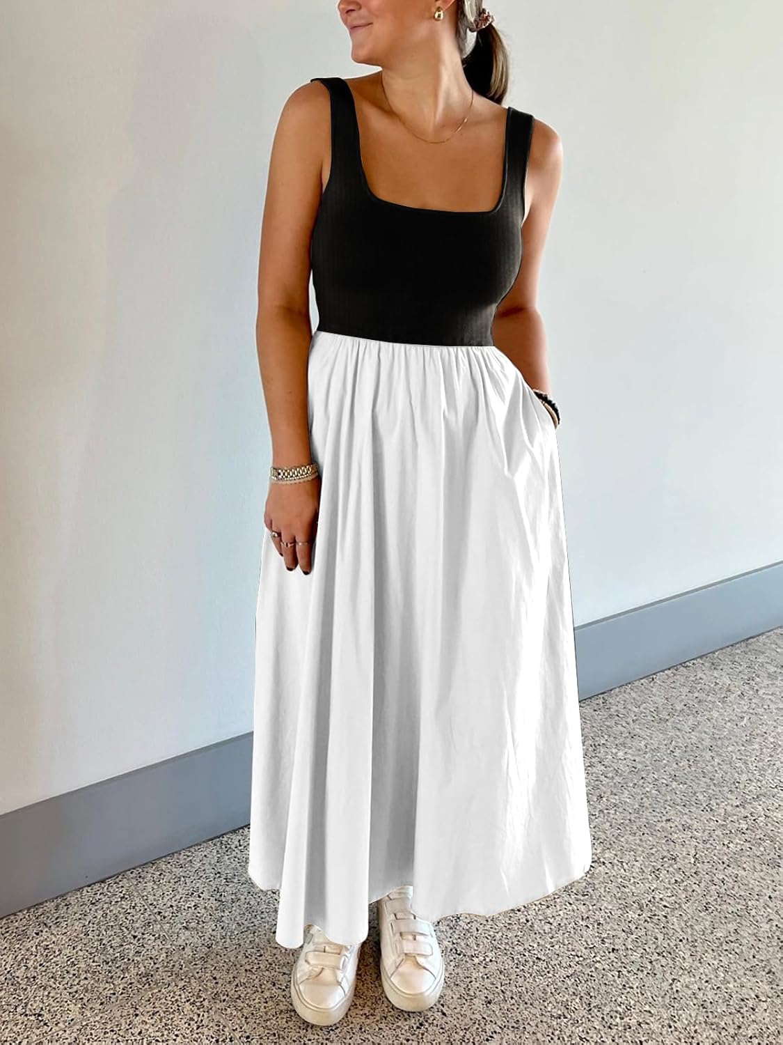 Women's Maxi Dress Summer Sleeveless Swing Sundress Casual Loose Tank Long Dresses with Pockets
