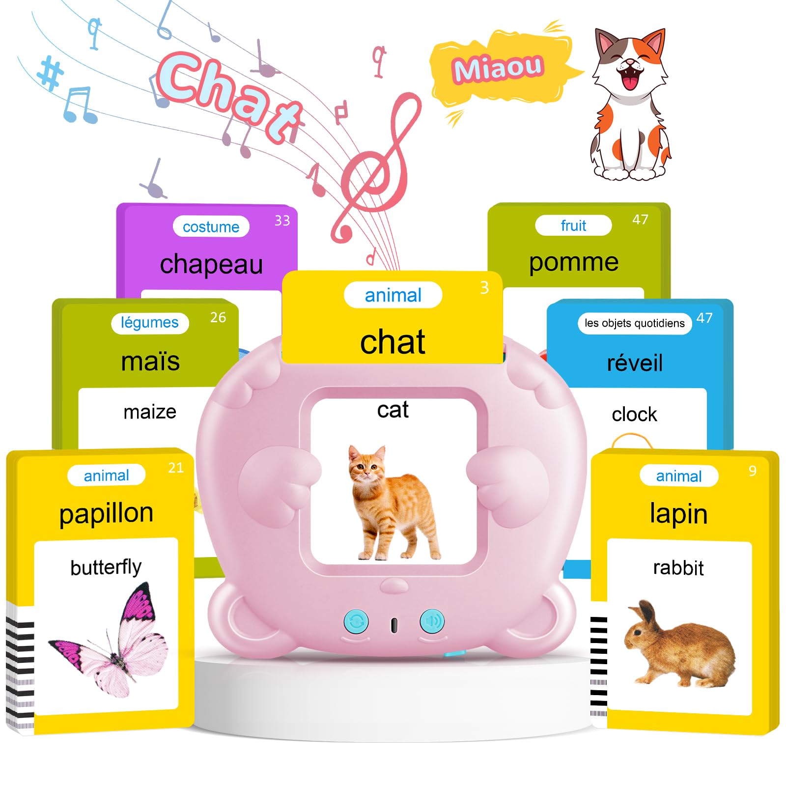 AHJ Schede Flash Cards Parlanti (Francese e Inglese), Giocattoli di Apprendimento per Bambini dai Anni, Educativi Prescolari da Ascoltare e Imparare di Base 112 Flashcard 224 Parole (Rosa)
