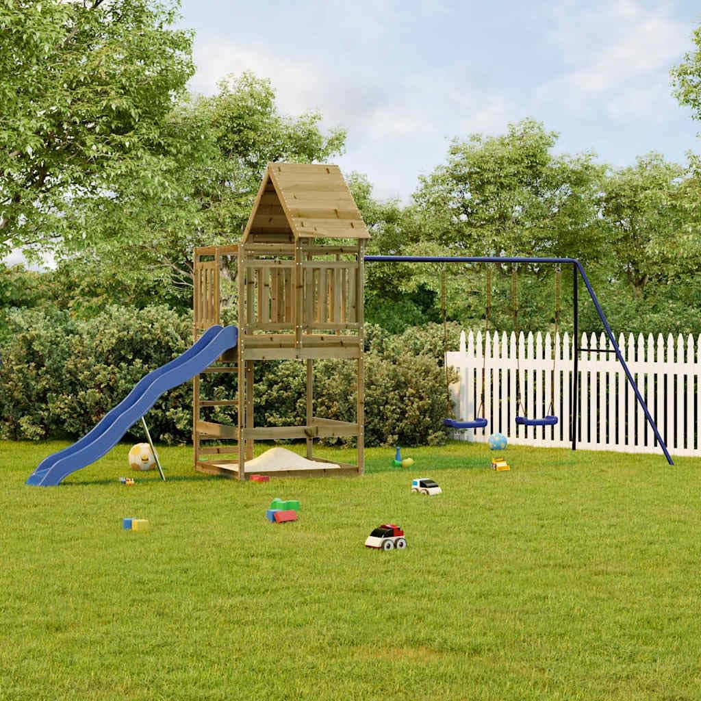 Spielturm aus imprägniertem Kiefernholz mit Wellenrutsche, Doppelschaukel, Sandkasten und Klettergerüst für Garten, Outdoor Kinderspielplatz mit sicherem Holzgeländer und stabilem Rahmen