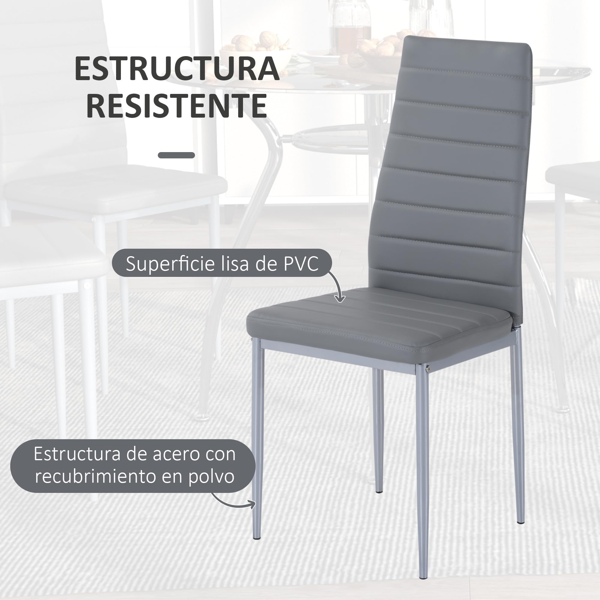 HOMCOM Conjunto de Mesa y Sillas de Comedor Juego de Mesa de Cocina con 4 Sillas con Tablero Vidrio Templado y Patas de Acero Carga 120 kg Gris