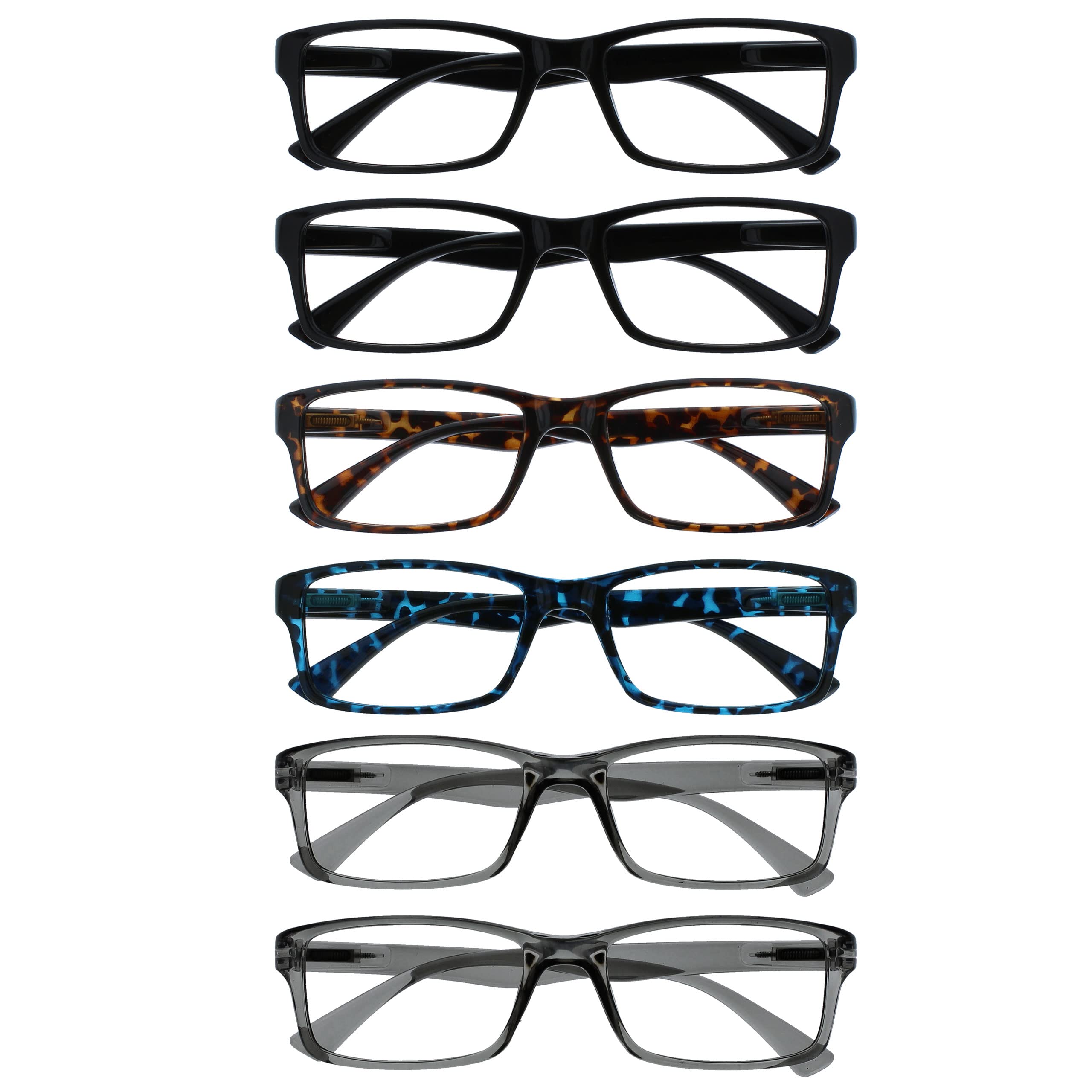 OPULIZE Pep Reading Glasses 6 Pack Classic Everyday Rectangular Frame Spring Hinges Scratch Resistant Black Brown Blue Grey Mens Womens RRRRRR92-112377 +3.50