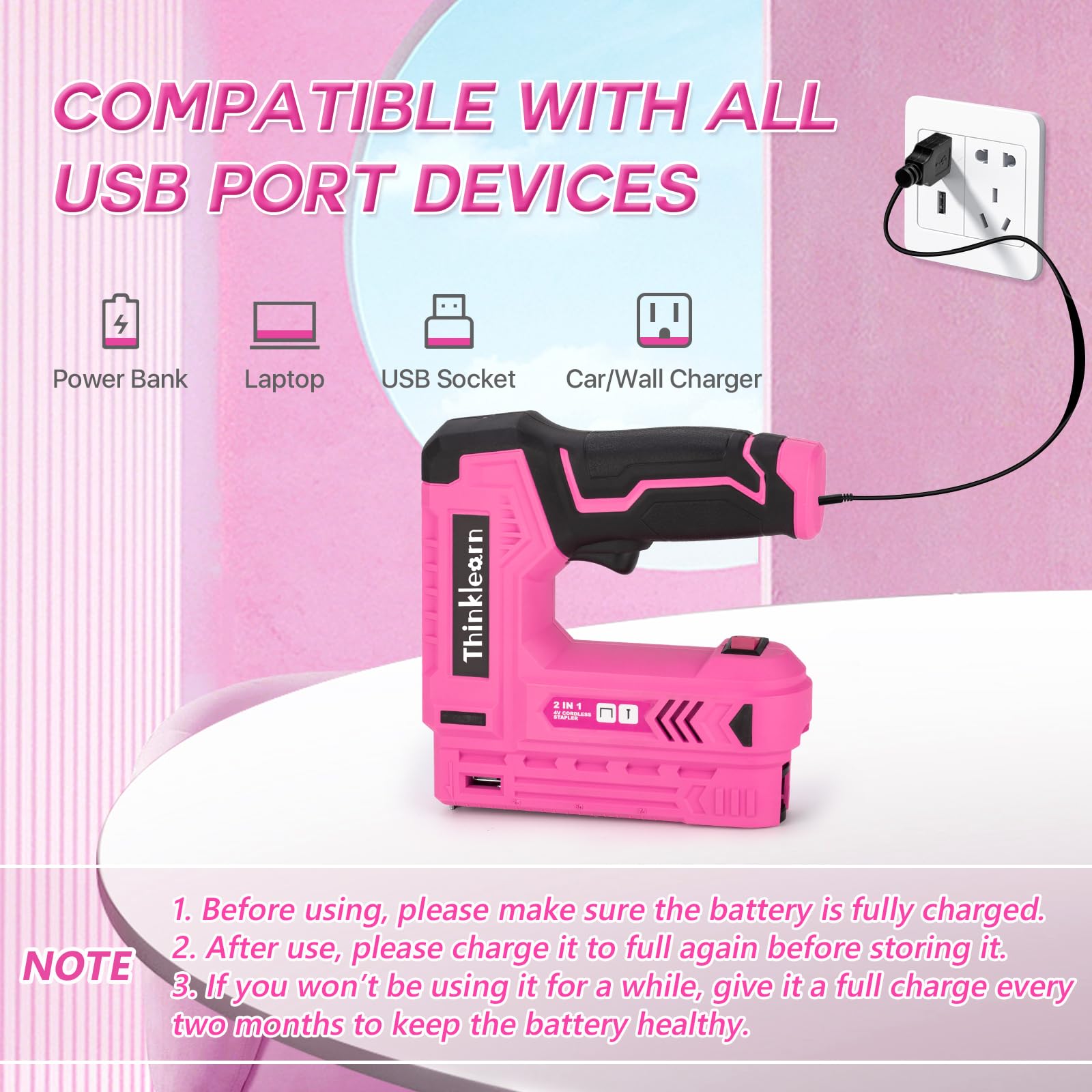 Agrafeuse électrique rose, 7 pièces 2 en 1 sans fil avec 2500 clous d'agrafes, cloueuse 4 V pour tapisserie, bois, menuiserie, artisanat, bricolage, kit de cloueuse Brad avec chargeur USB
