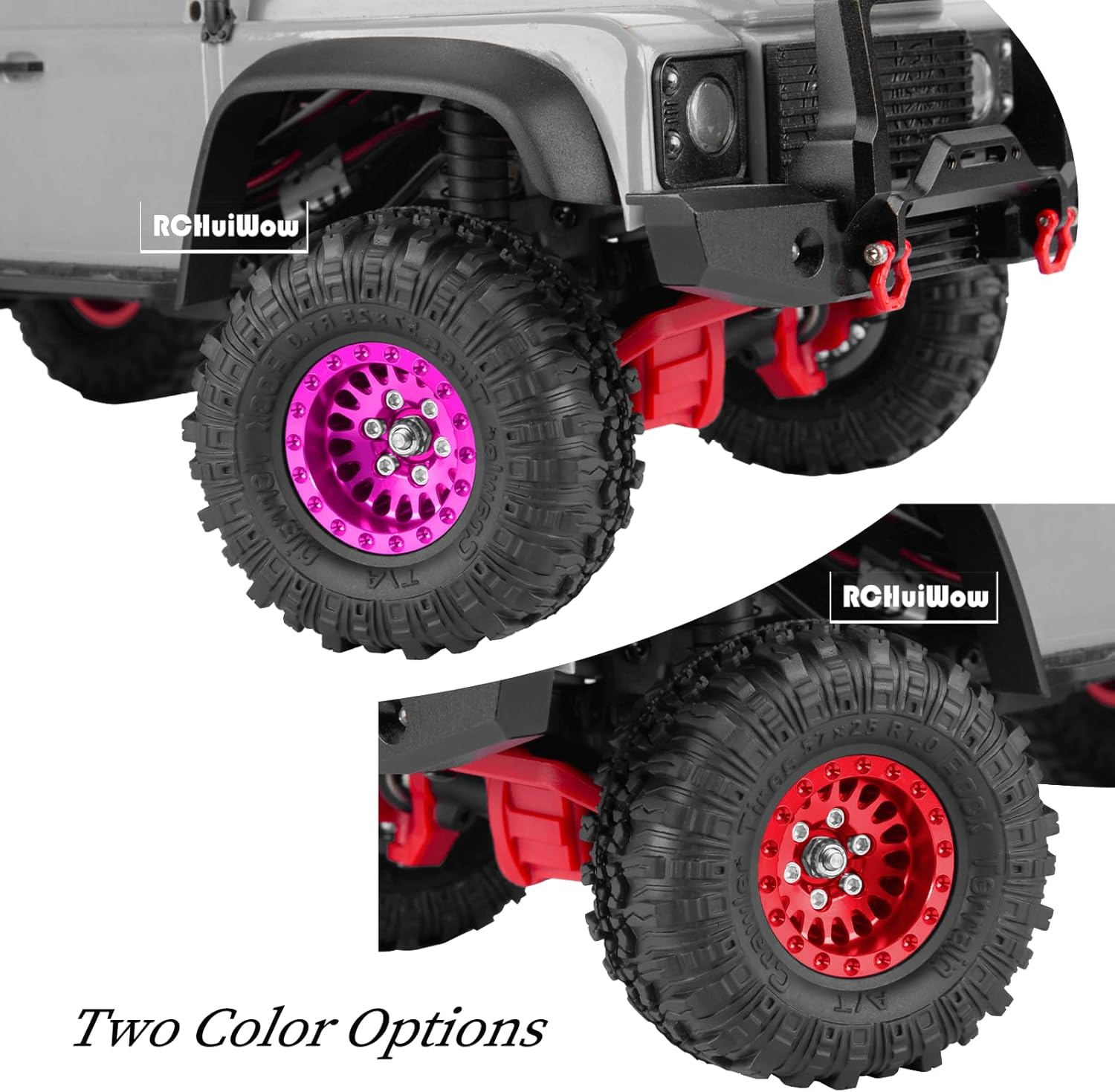 RC 1.0 Beadlock Wheels and Tires for 1/18 TRX4M,1/24 SCX24 RC Crawler,Alloy Aluminium RC Wheels 1.0 Beadlock Rims Soft Rubber Tires,4PCS,Red